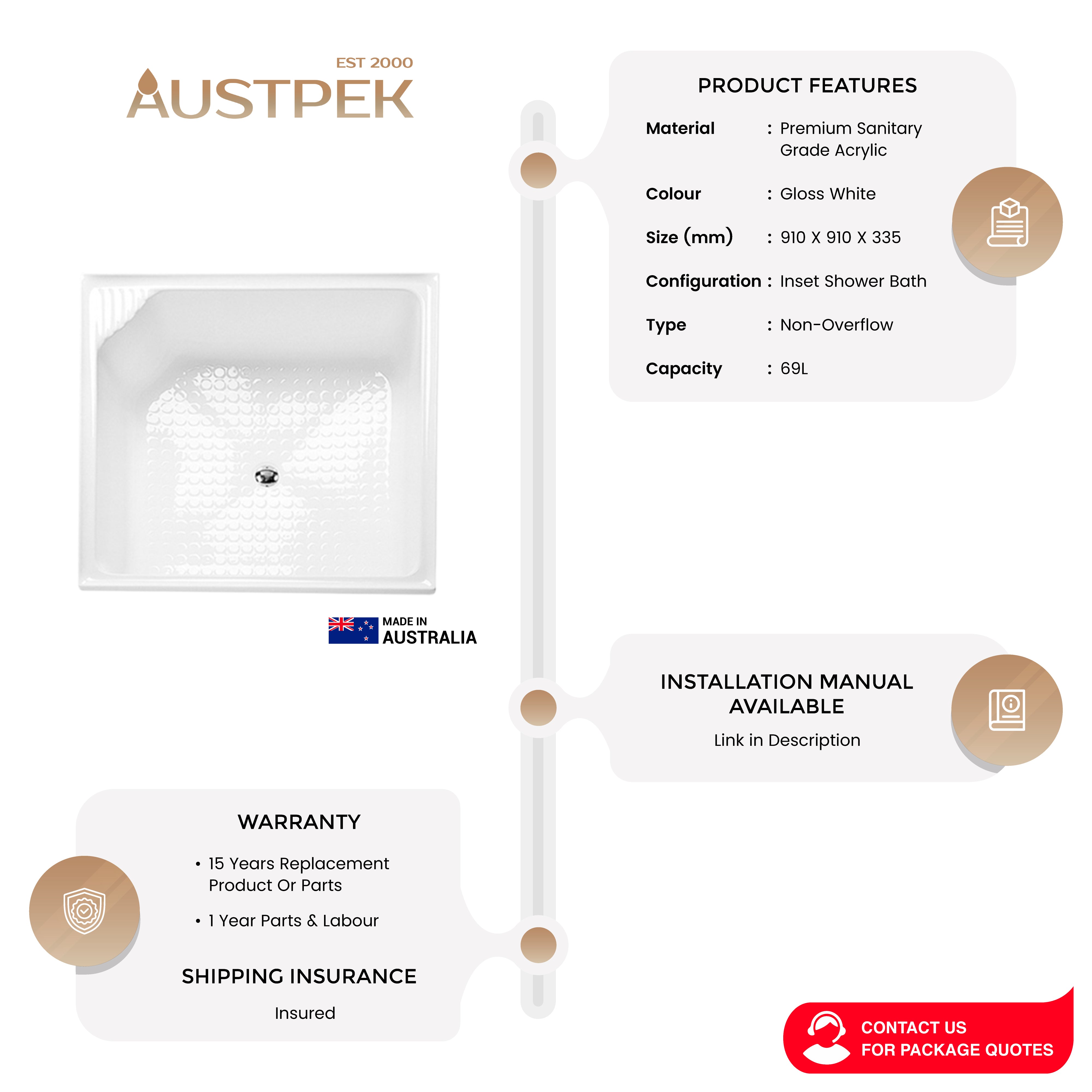 DECINA BELLA INSET SHOWER BATH GLOSS WHITE 910MM