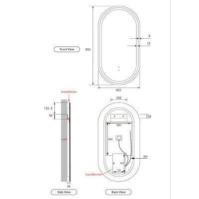 AULIC BEAU MONDE LED MIRROR GUN METAL 3 COLOUR LIGHTS 450X900MM