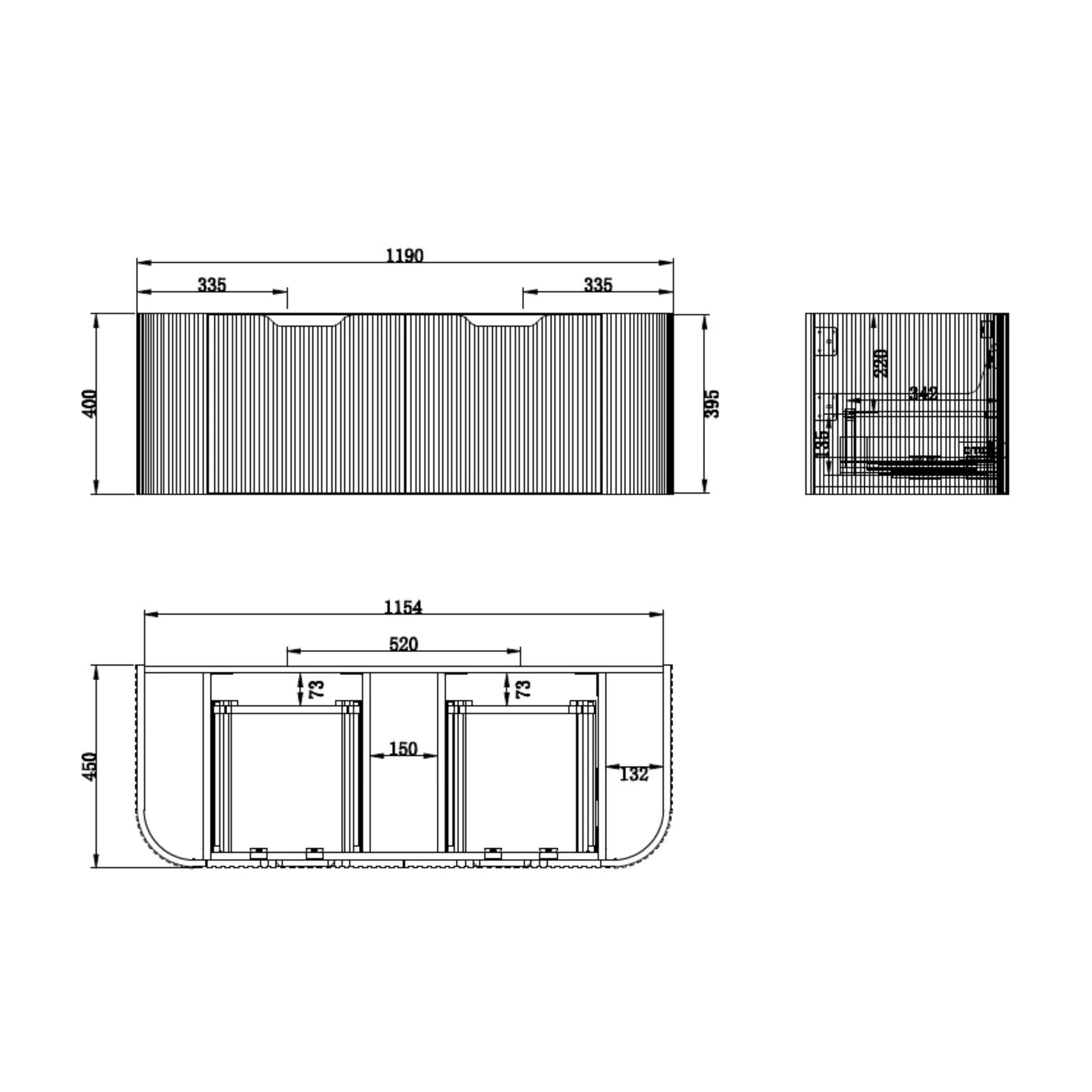 RIVA BERGEN MATTE BLACK 1200MM DOUBLE BOWL WALL HUNG VANITY