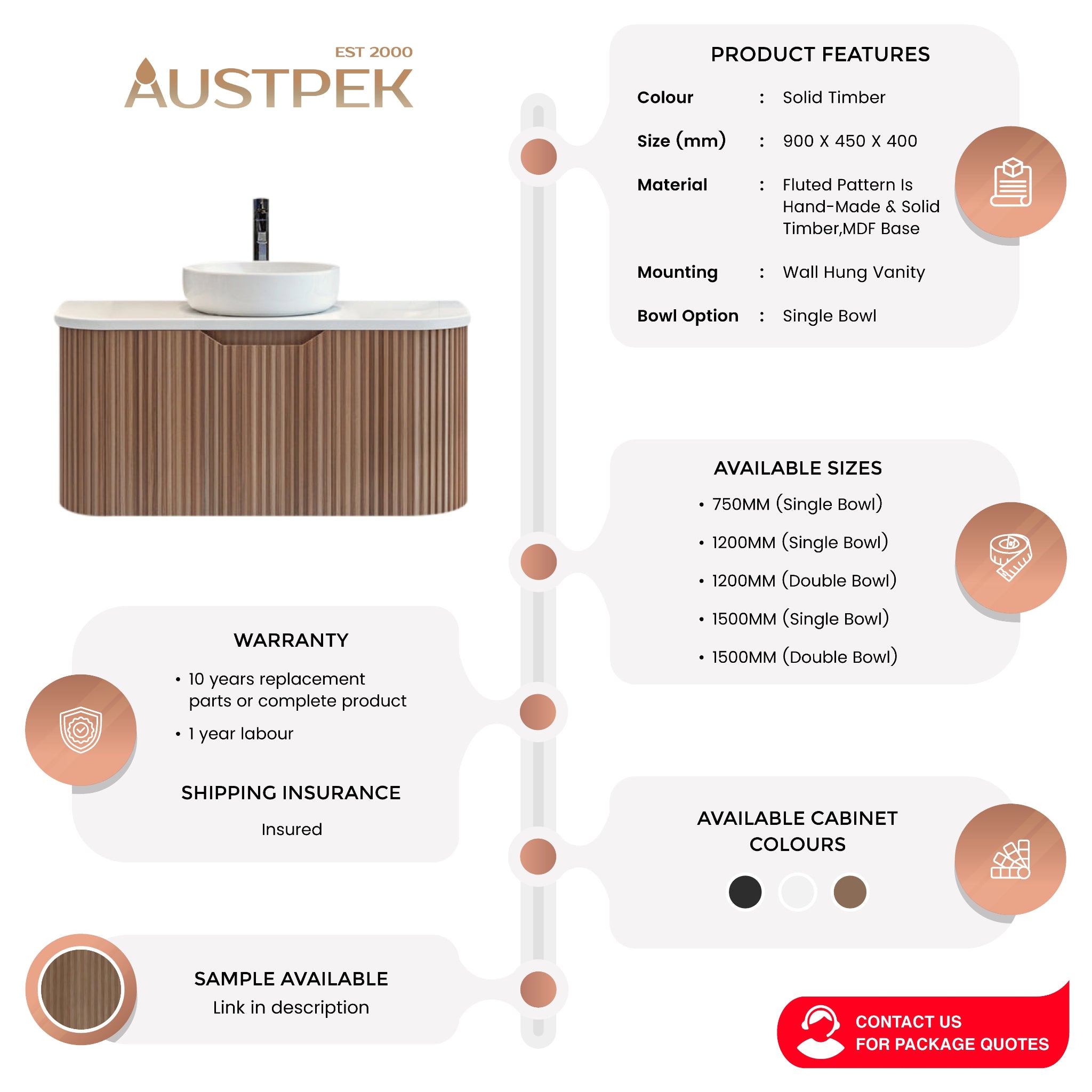 RIVA BERGEN SOLID TIMBER 900MM SINGLE BOWL WALL HUNG VANITY