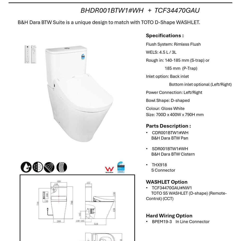 TOTO S5 WASHLET W/ REMOTE CONTROL AND B&H DARA BTW TOILET SUITE PACKAGE D-SHAPE GLOSS WHITE