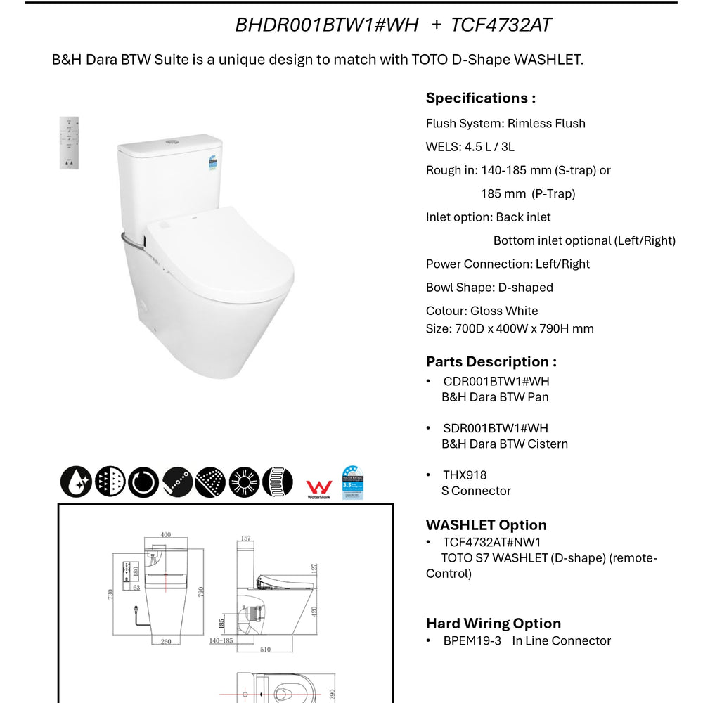 TOTO S7 WASHLET W/ REMOTE CONTROL AND B&H DARA BTW TOILET SUITE PACKAGE D-SHAPE GLOSS WHITE