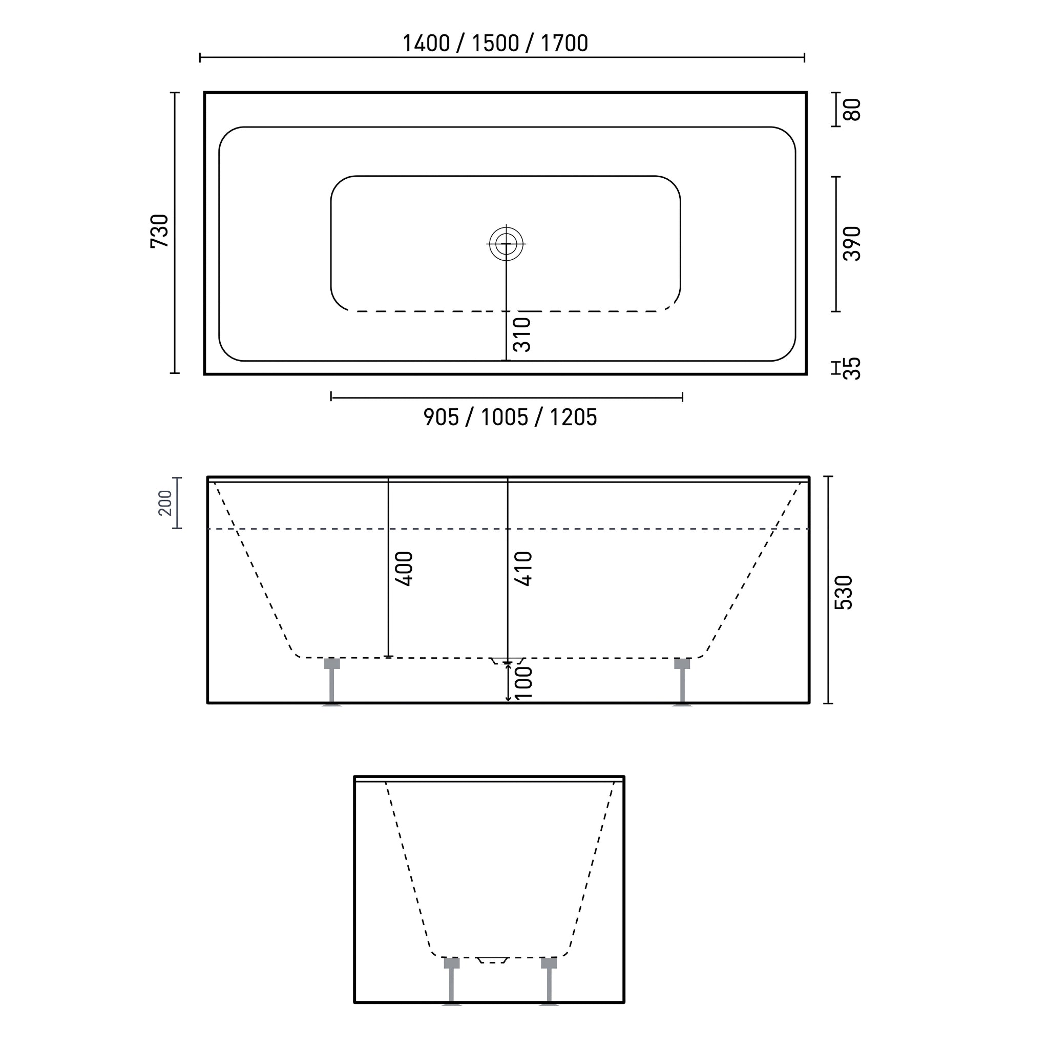 DECINA BIANCO FREESTANDING BACK TO WALL BATHTUB GLOSS WHITE (AVAILABLE IN 1400MM, 1500MM AND 1700MM)