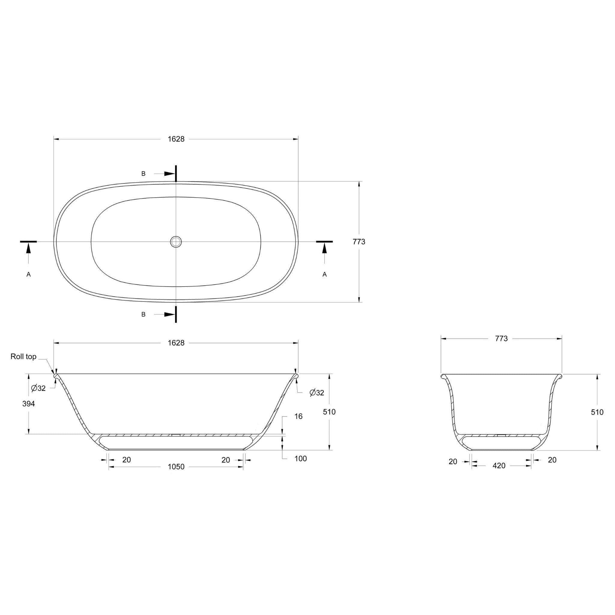TURNER HASTINGS BLANCHE TITANCAST SOLID SURFACE FREESTANDING BATHTUB GLOSS WHITE 1628MM