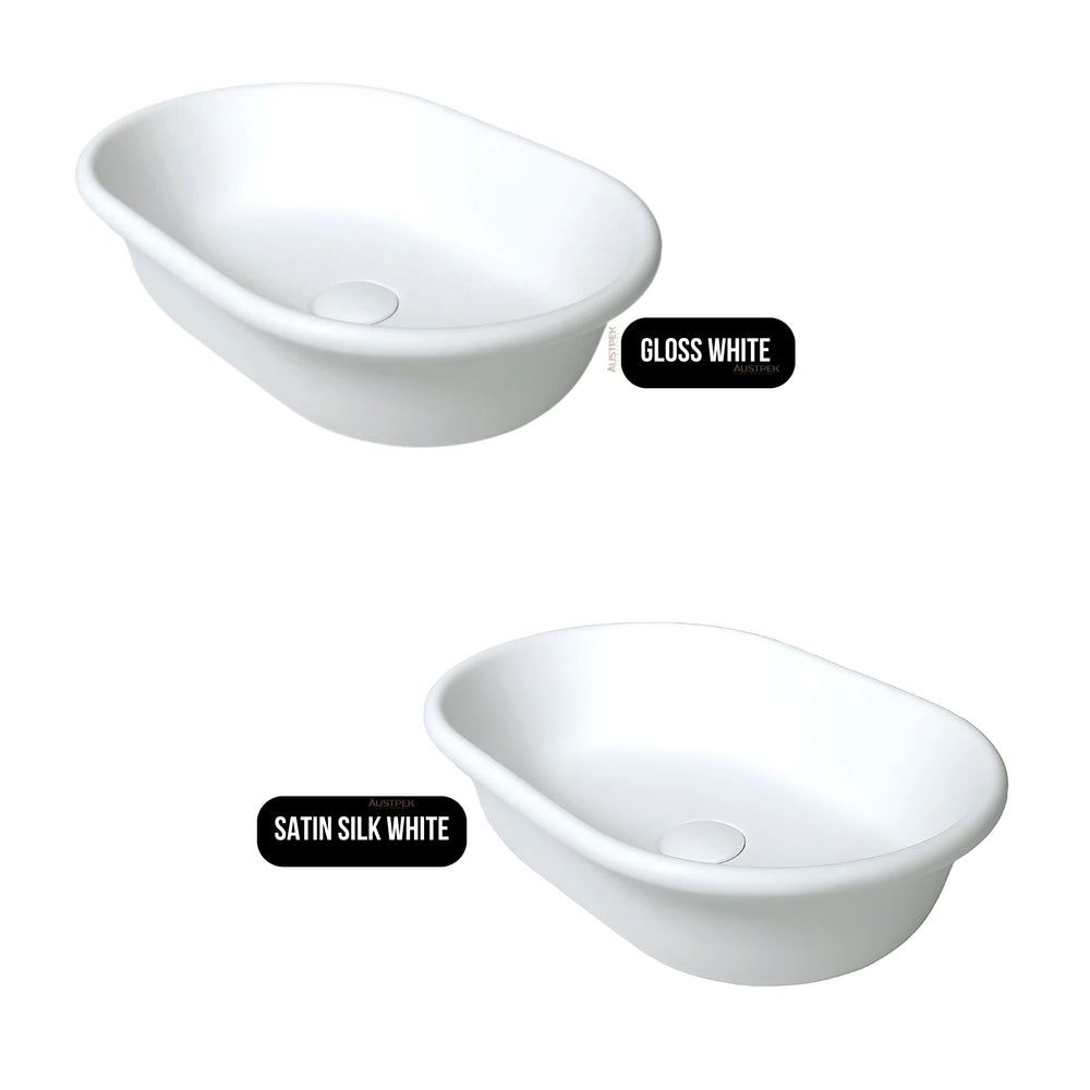TURNER HASTINGS BLANCHE OVAL TITANCAST SOLID SURFACE ABOVE COUNTER HANDCRAFTED BASIN SATIN SILK WHITE 530MM