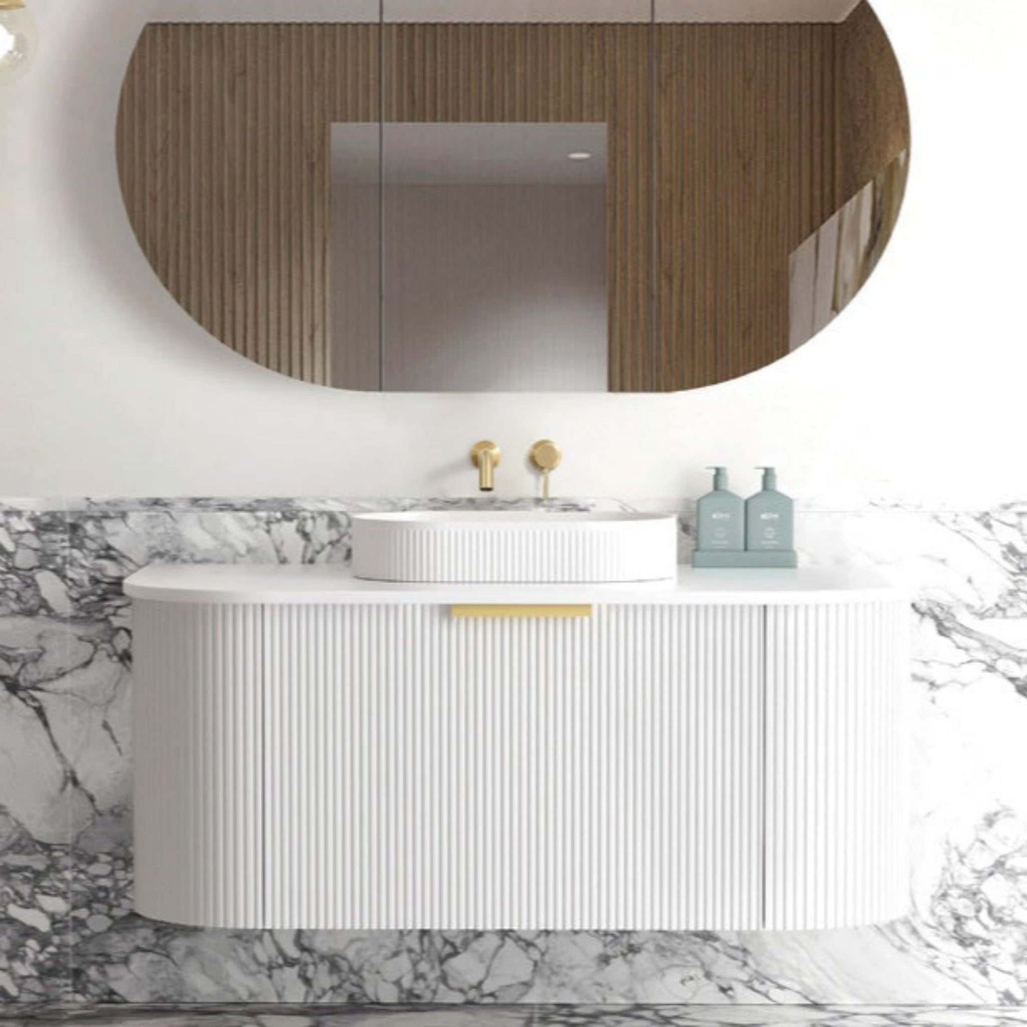 OTTI BONDI MATTE WHITE FLUTED 1200MM CURVE SINGLE BOWL WALL HUNG VANITY