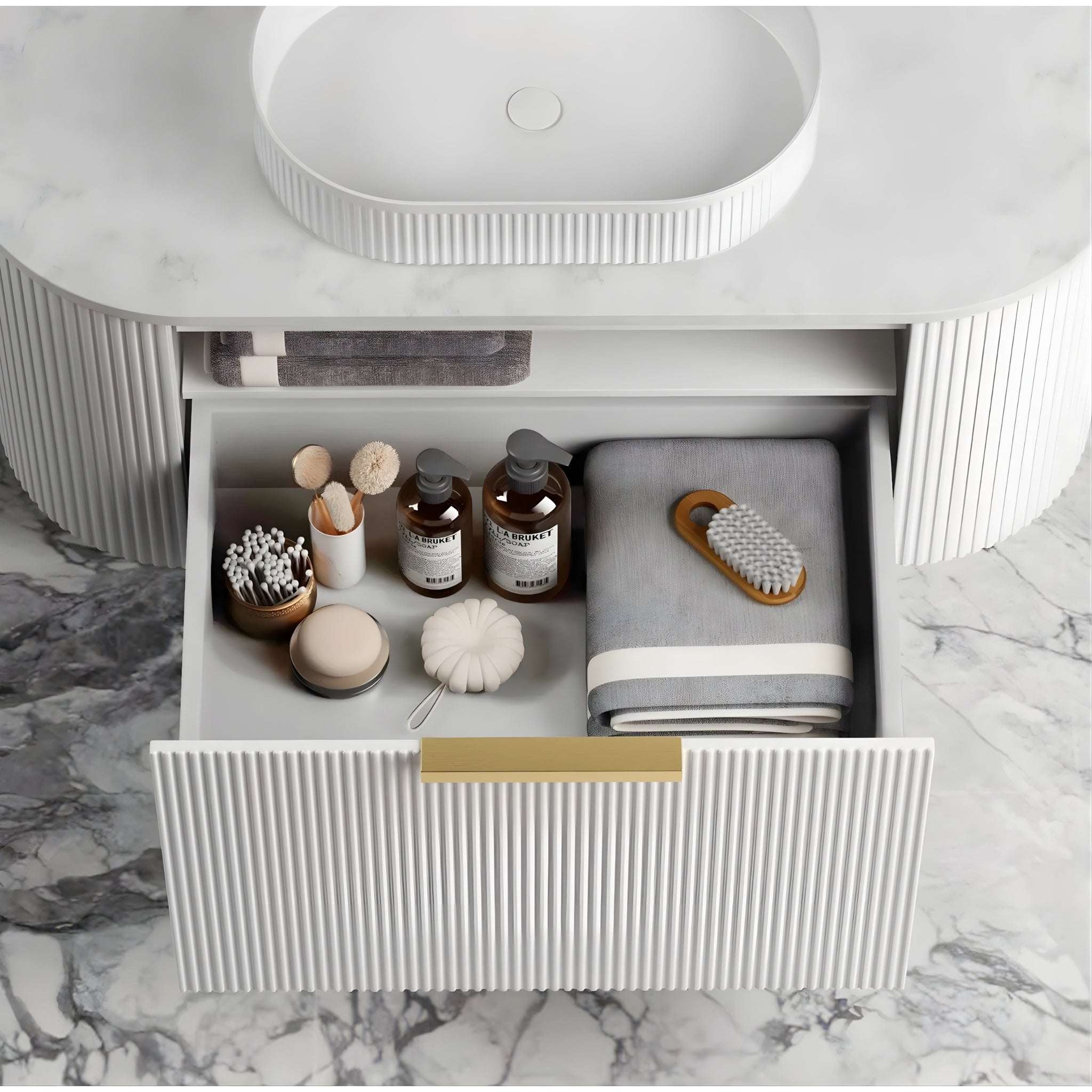 OTTI BONDI MATTE WHITE FLUTED 1200MM CURVE SINGLE BOWL WALL HUNG VANITY