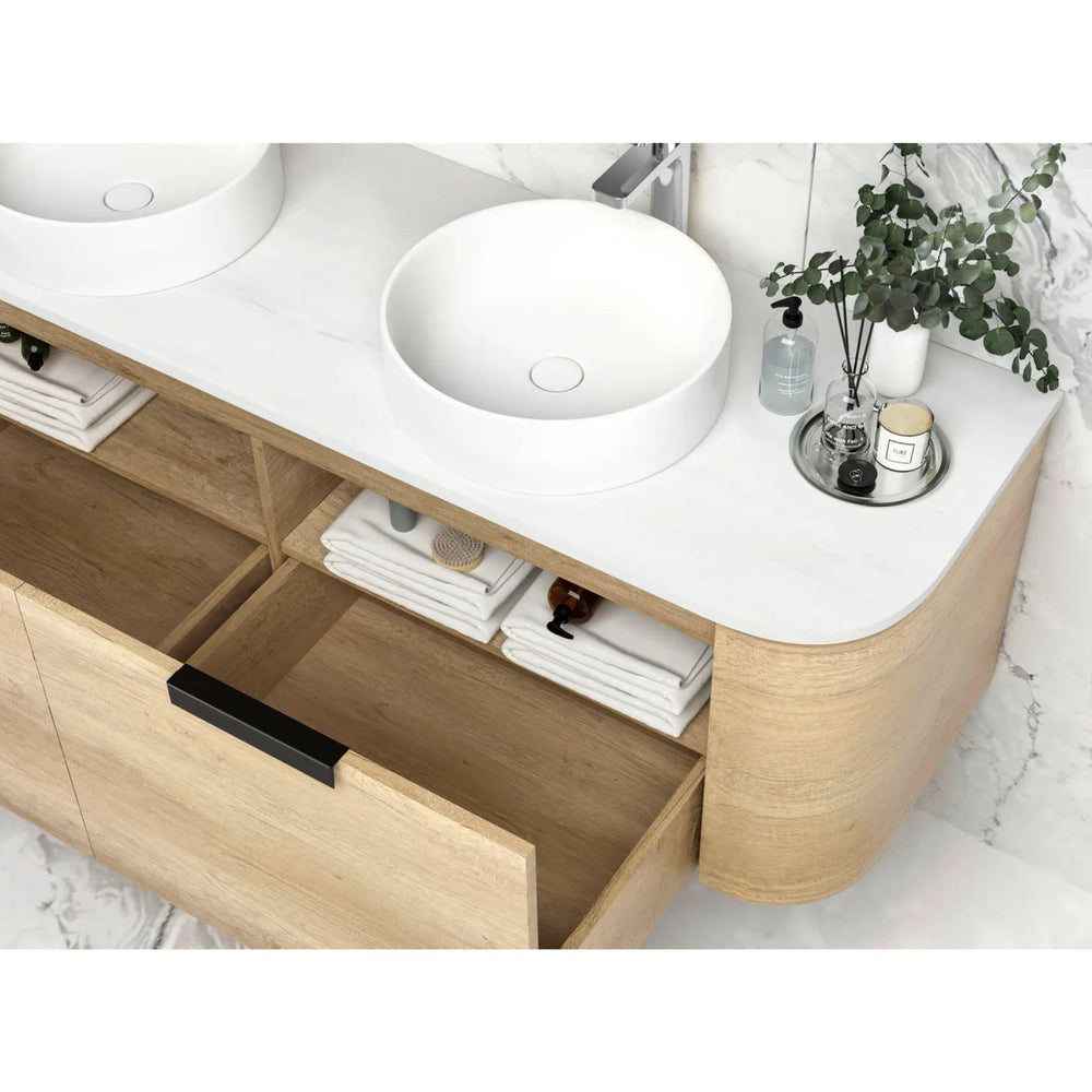 OTTI BONDI NATURAL OAK 1500MM CURVE DOUBLE BOWL WALL HUNG VANITY