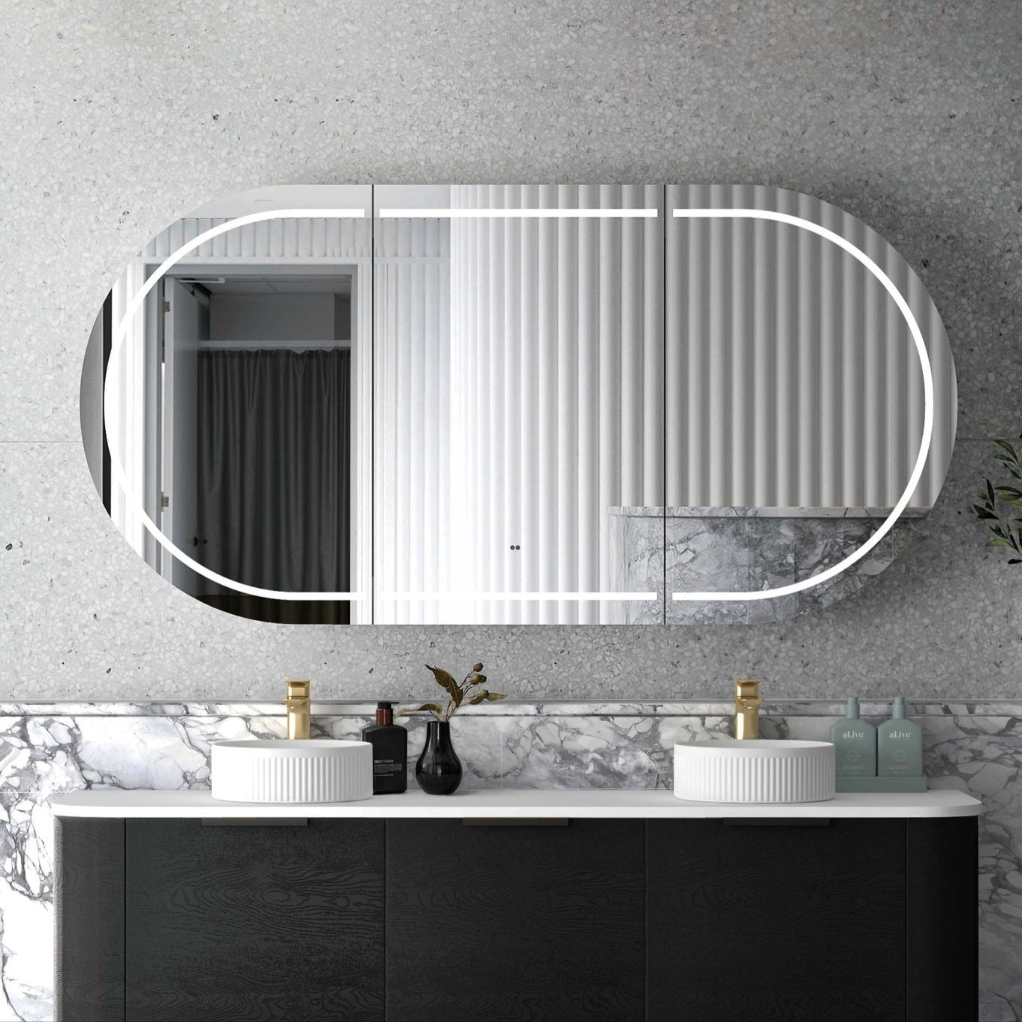 OTTI BONDI BLACK OAK 1800MM CURVE DOUBLE BOWL WALL HUNG VANITY