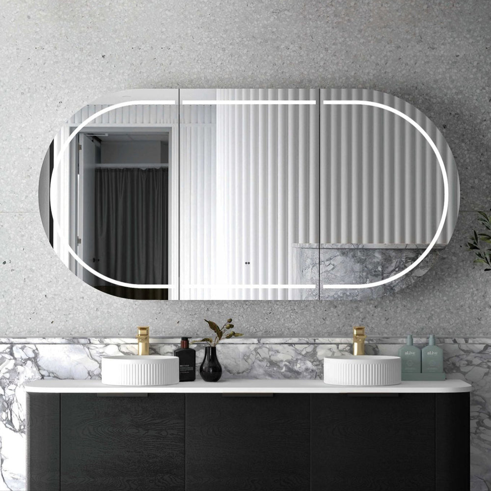 OTTI BONDI BLACK OAK 1800MM CURVE DOUBLE BOWL WALL HUNG VANITY