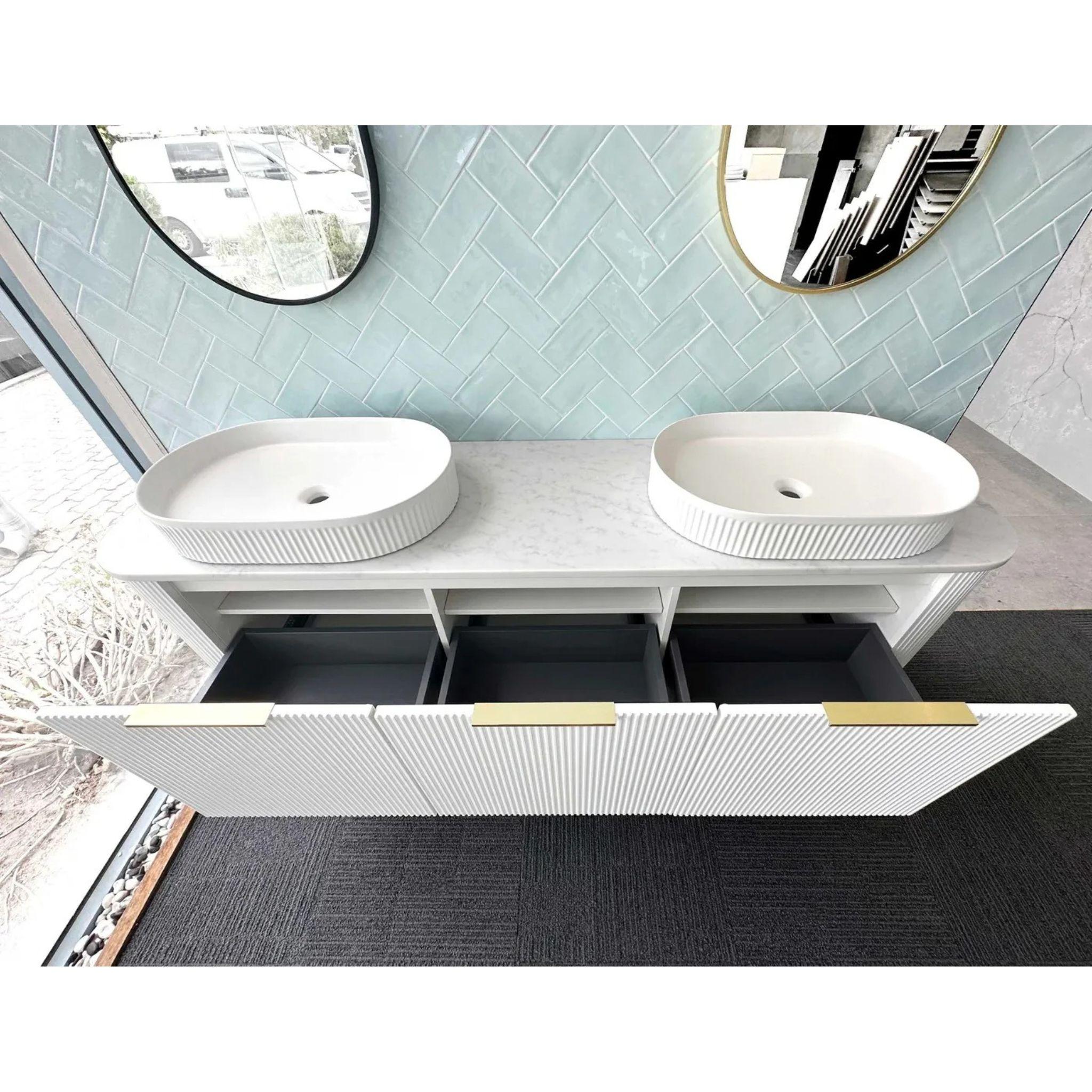OTTI BONDI MATTE WHITE FLUTED 1800MM CURVE DOUBLE BOWL WALL HUNG VANITY
