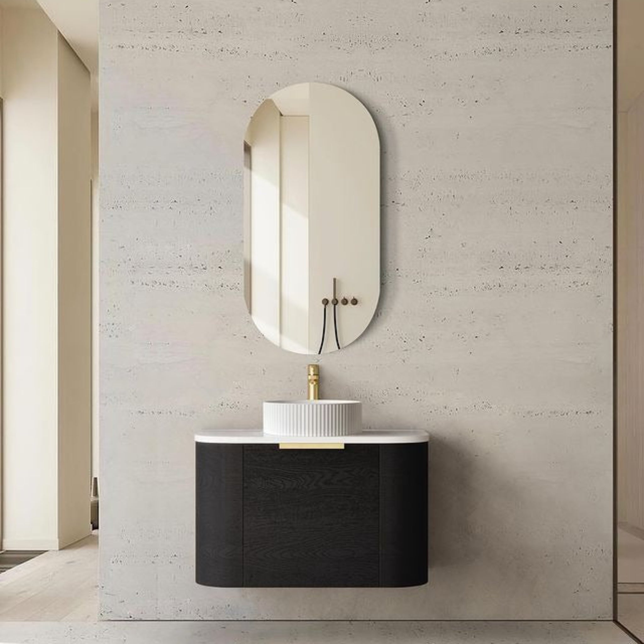 OTTI BONDI BLACK OAK 600MM SINGLE BOWL CURVE WALL HUNG VANITY