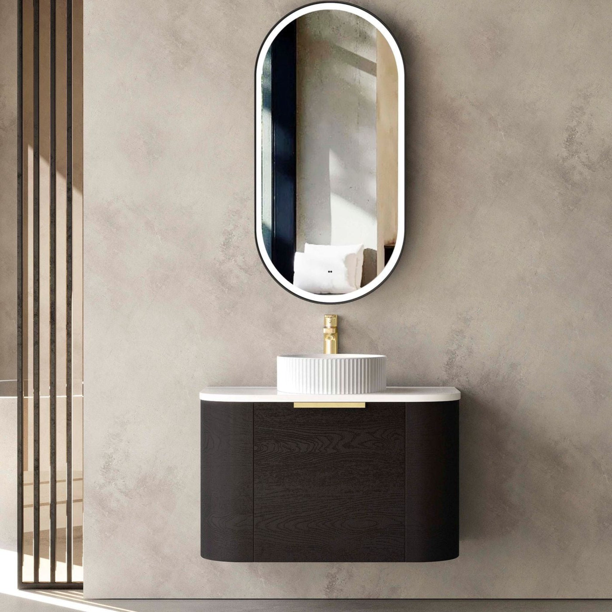 OTTI BONDI BLACK OAK 750MM SINGLE BOWL CURVE WALL HUNG VANITY