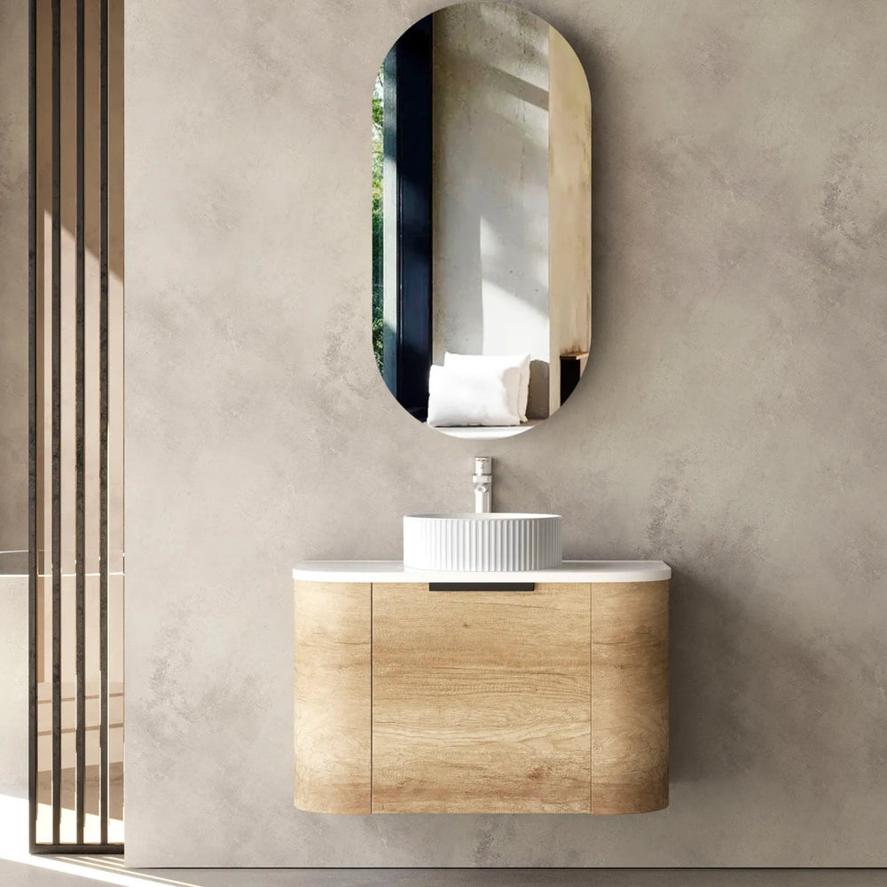 OTTI BONDI NATURAL OAK 750MM CURVE SINGLE BOWL WALL HUNG VANITY