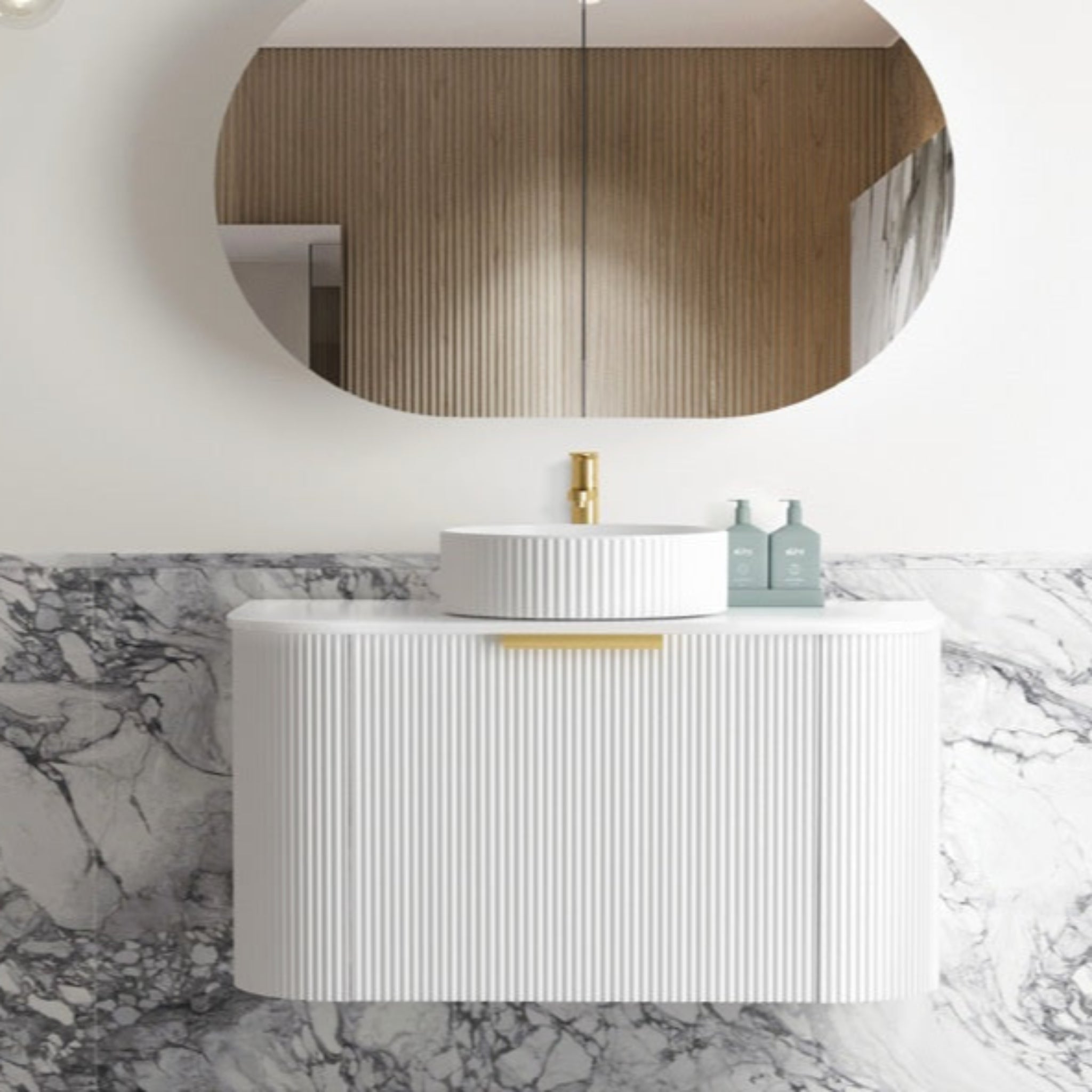 OTTI BONDI MATTE WHITE FLUTED 750MM CURVE SINGLE BOWL WALL HUNG VANITY
