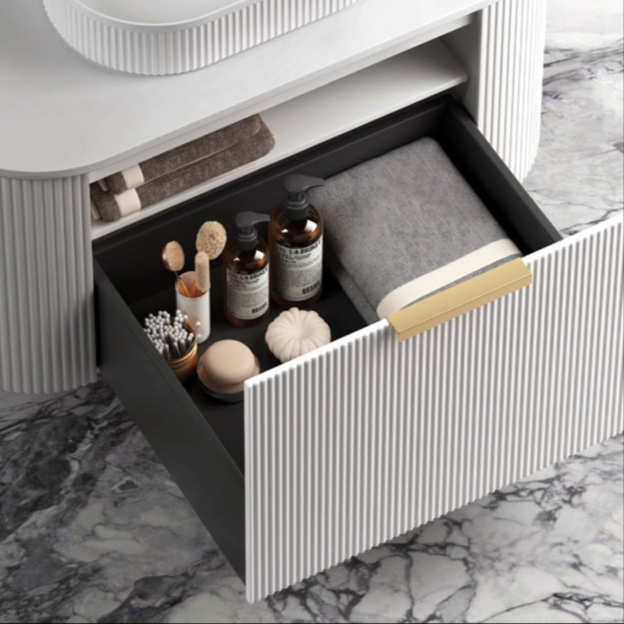 OTTI BONDI MATTE WHITE FLUTED 900MM CURVE SINGLE BOWL WALL HUNG VANITY