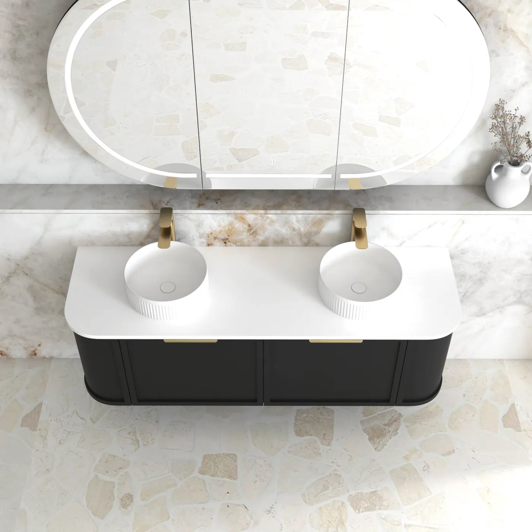 OTTI HAMPSHIRE SATIN BLACK 1500MM CURVE DOUBLE BOWL WALL HUNG VANITY