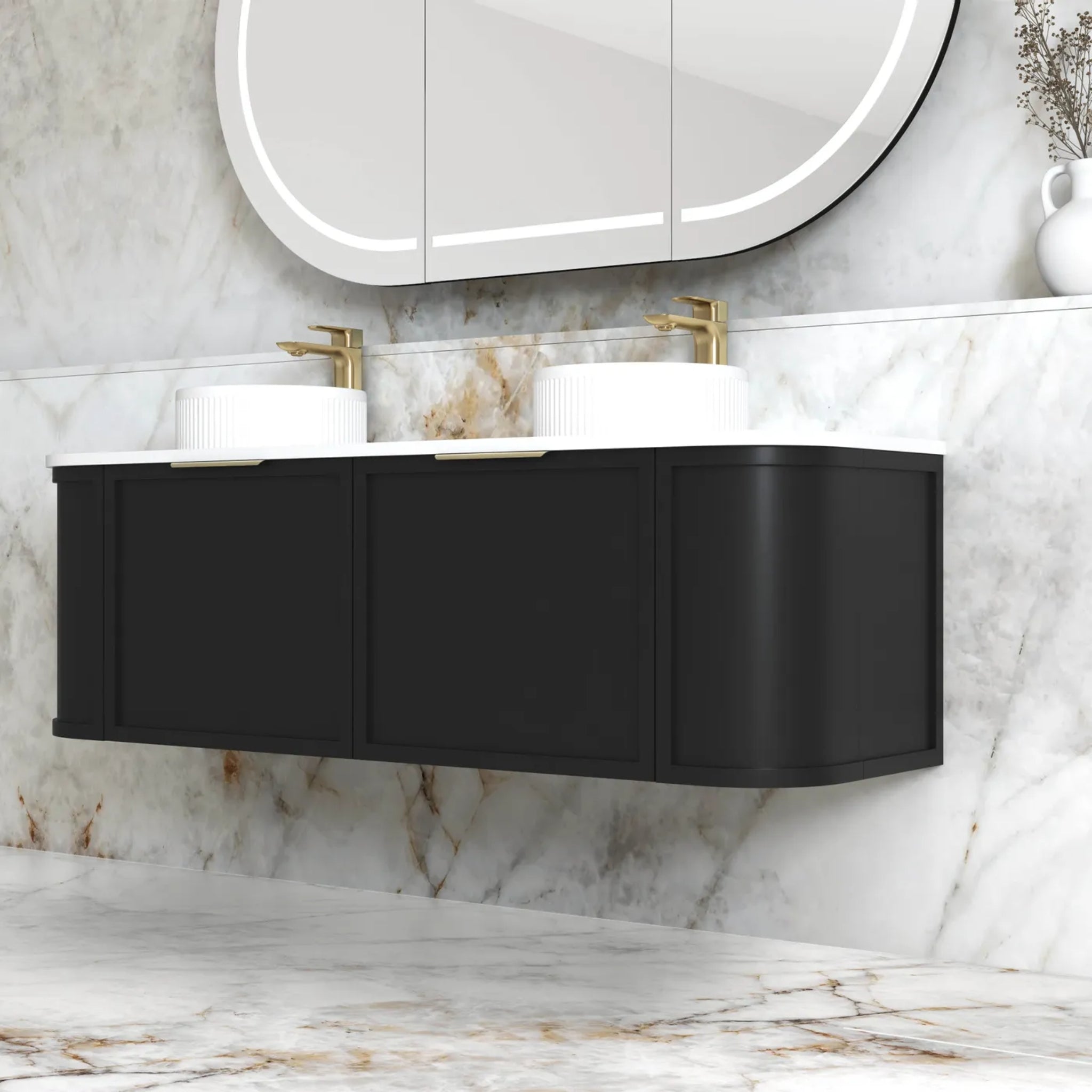 OTTI HAMPSHIRE SATIN BLACK 1500MM CURVE DOUBLE BOWL WALL HUNG VANITY