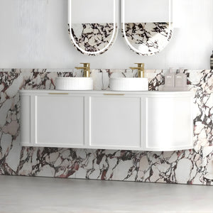 OTTI HAMPSHIRE SATIN WHITE 1500MM CURVE DOUBLE BOWL WALL HUNG VANITY
