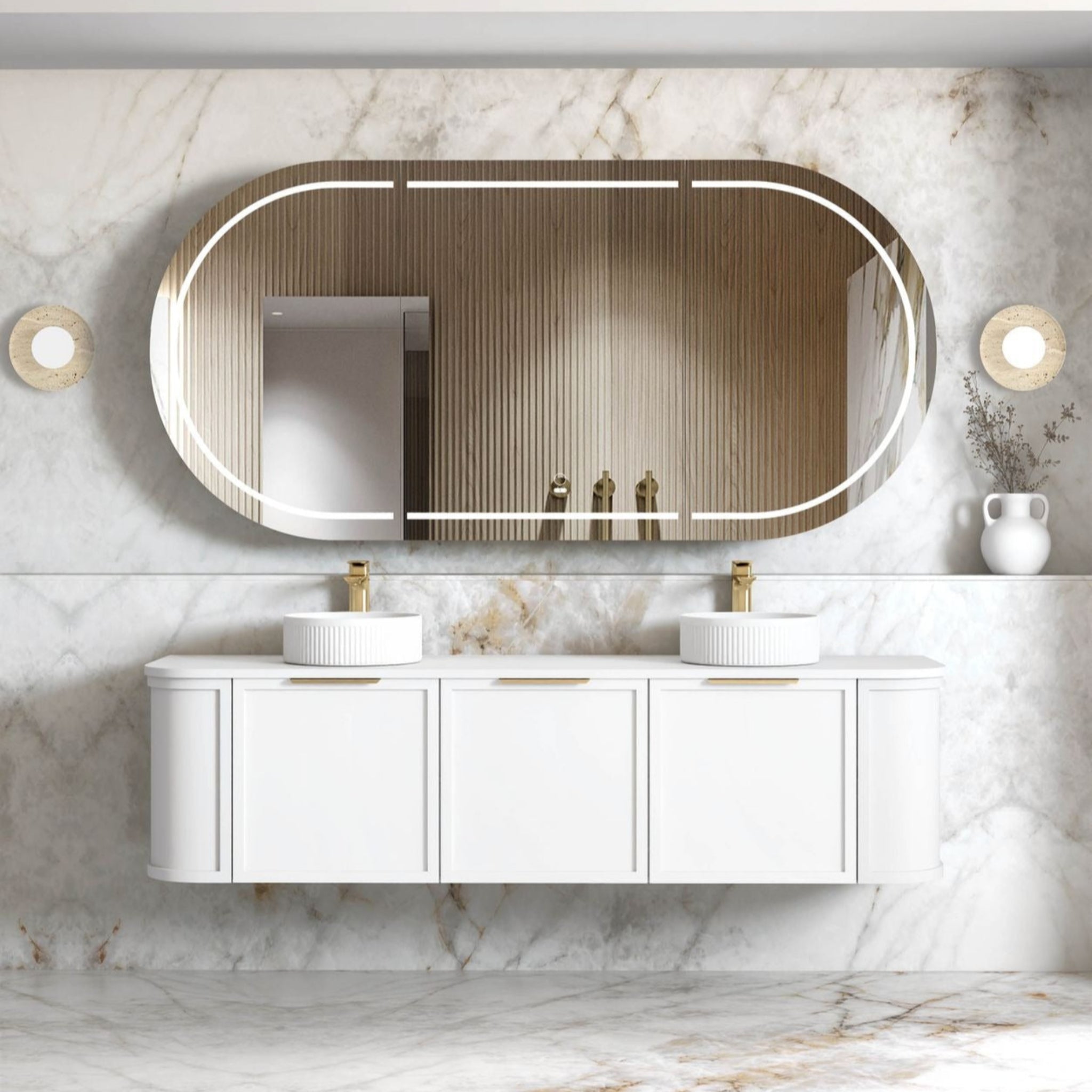 OTTI HAMPSHIRE SATIN WHITE 1800MM CURVE DOUBLE BOWL WALL HUNG VANITY