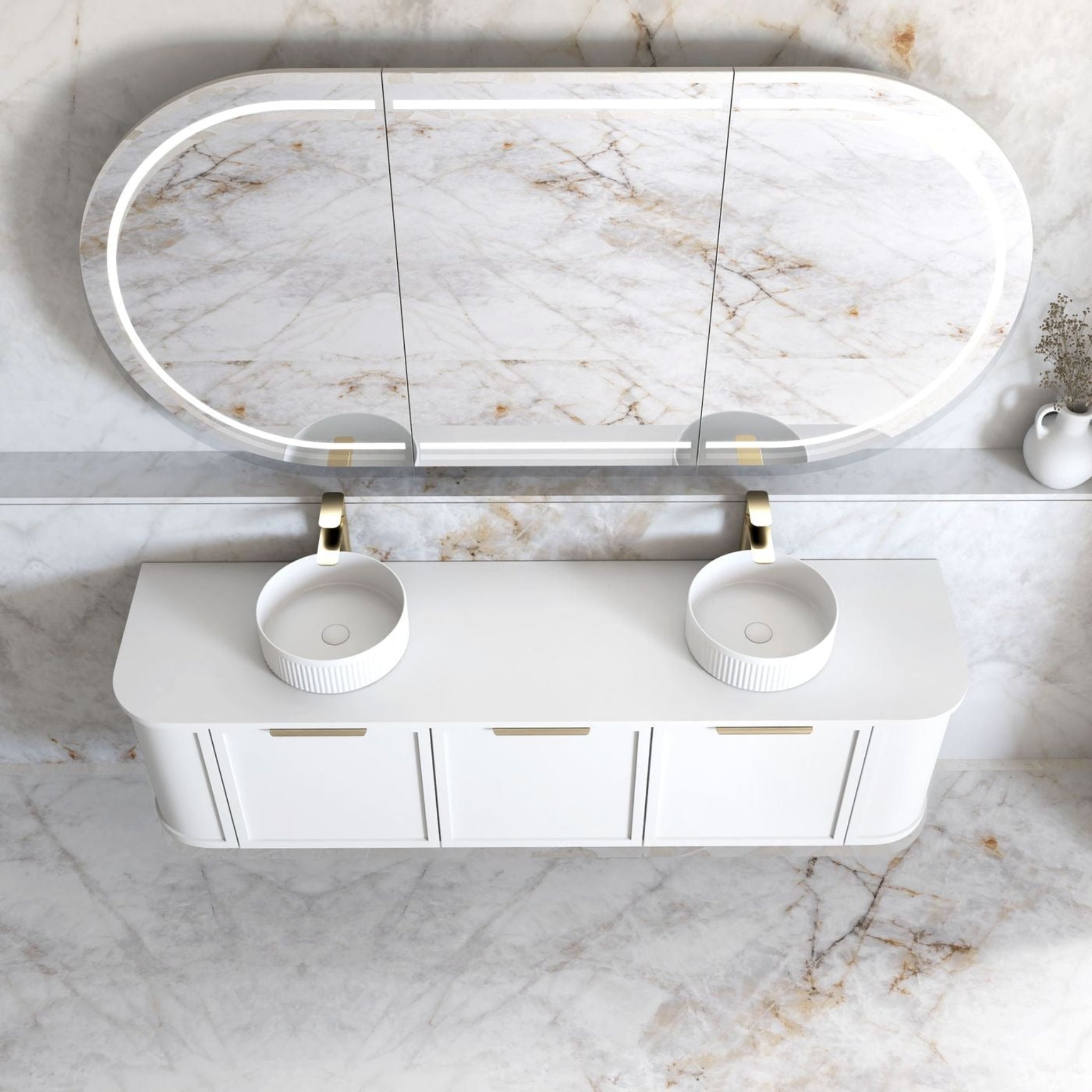 OTTI HAMPSHIRE SATIN WHITE 1800MM CURVE DOUBLE BOWL WALL HUNG VANITY