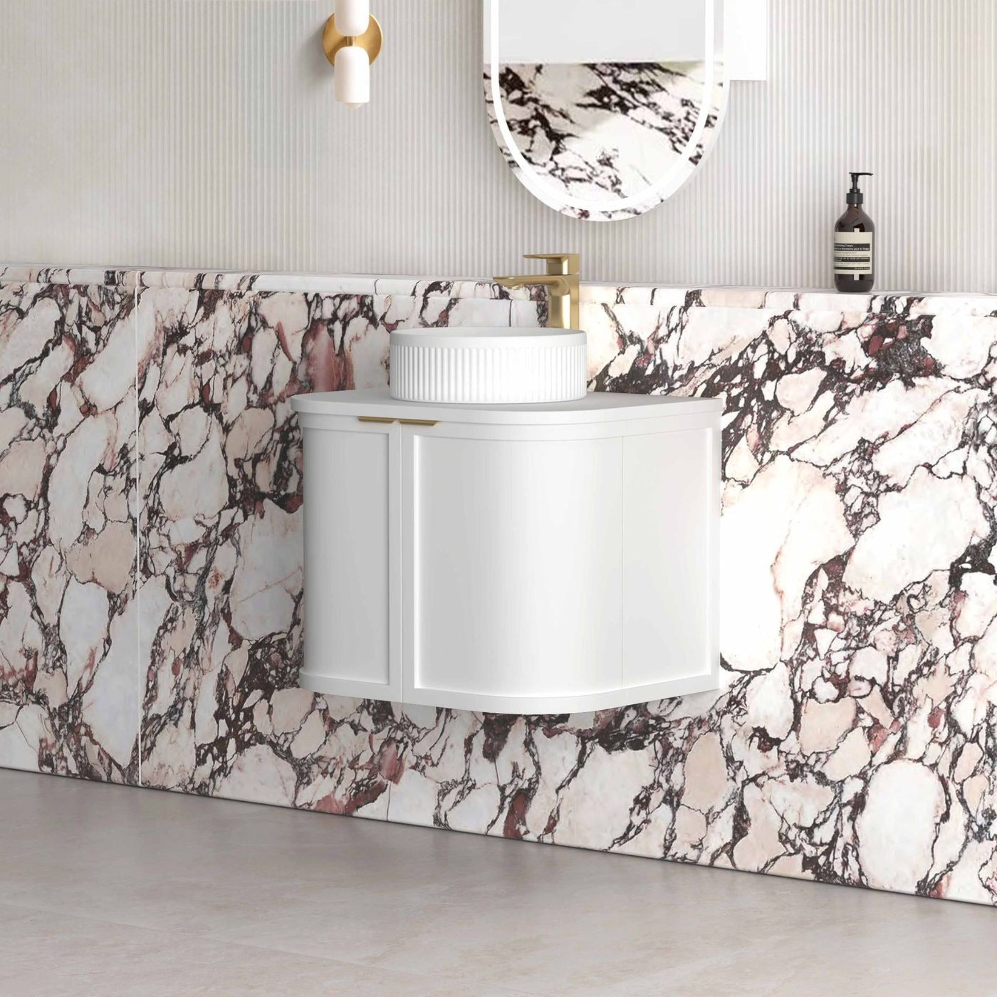 OTTI HAMPSHIRE SATIN WHITE 600MM CURVE SINGLE BOWL WALL HUNG VANITY