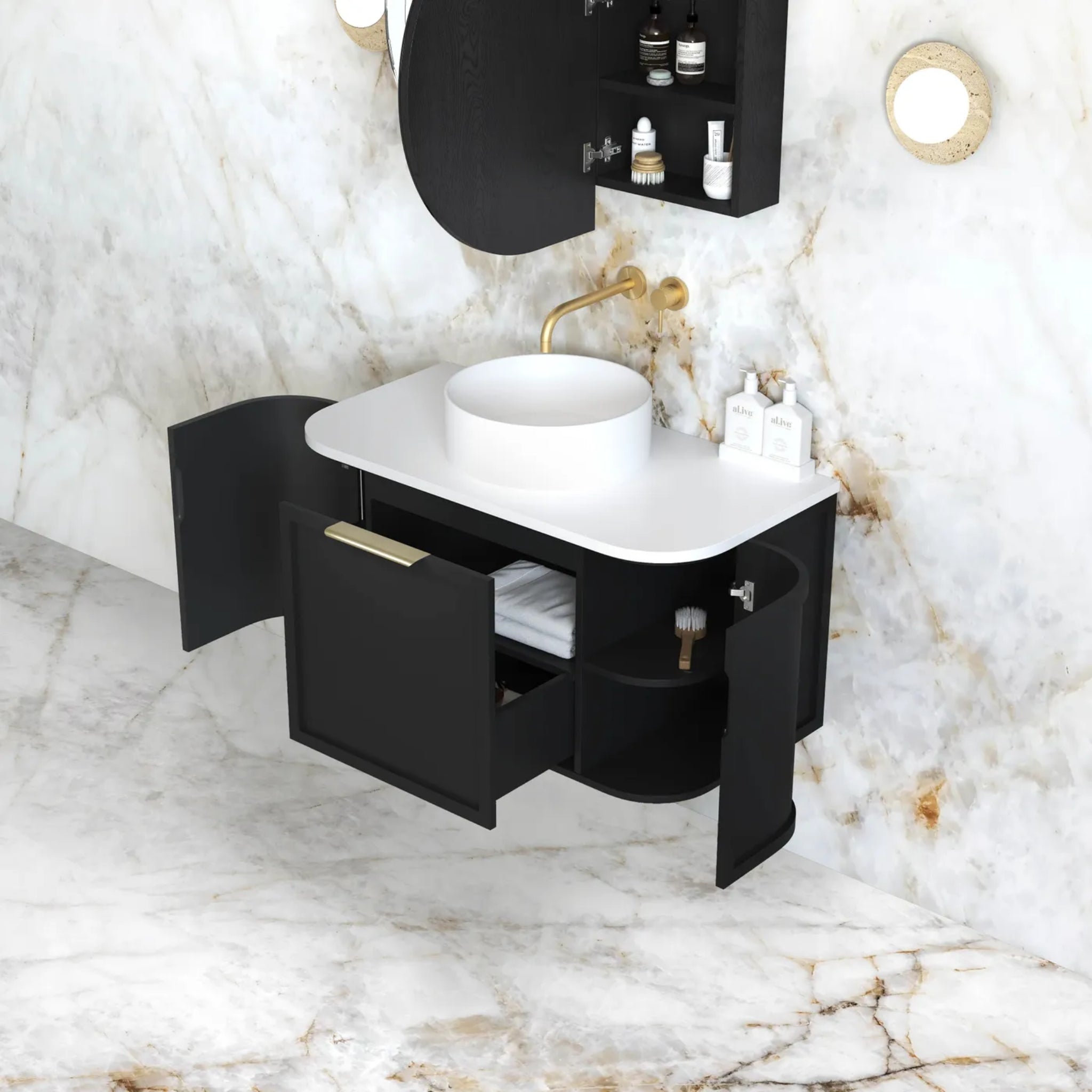 OTTI HAMPSHIRE SATIN BLACK 900MM CURVE SINGLE BOWL WALL HUNG VANITY