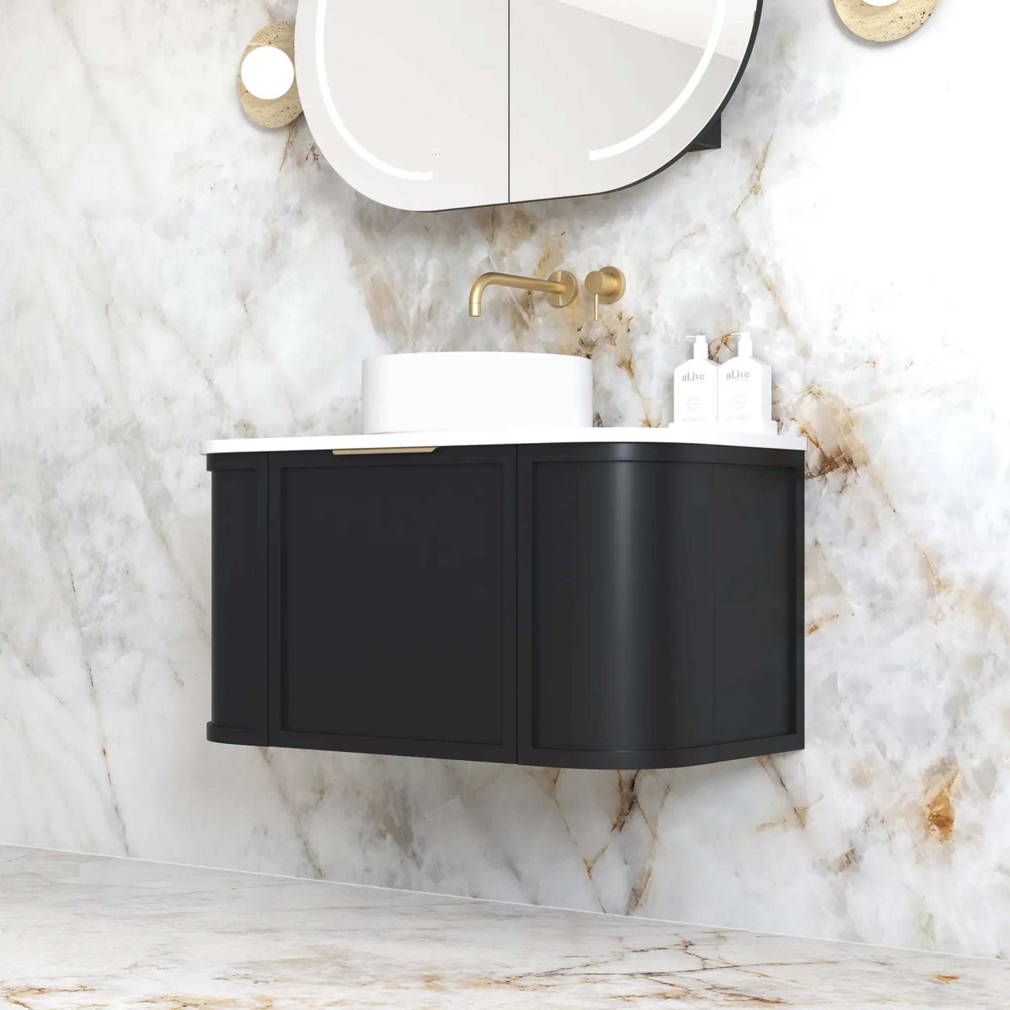 OTTI HAMPSHIRE SATIN BLACK 900MM CURVE SINGLE BOWL WALL HUNG VANITY