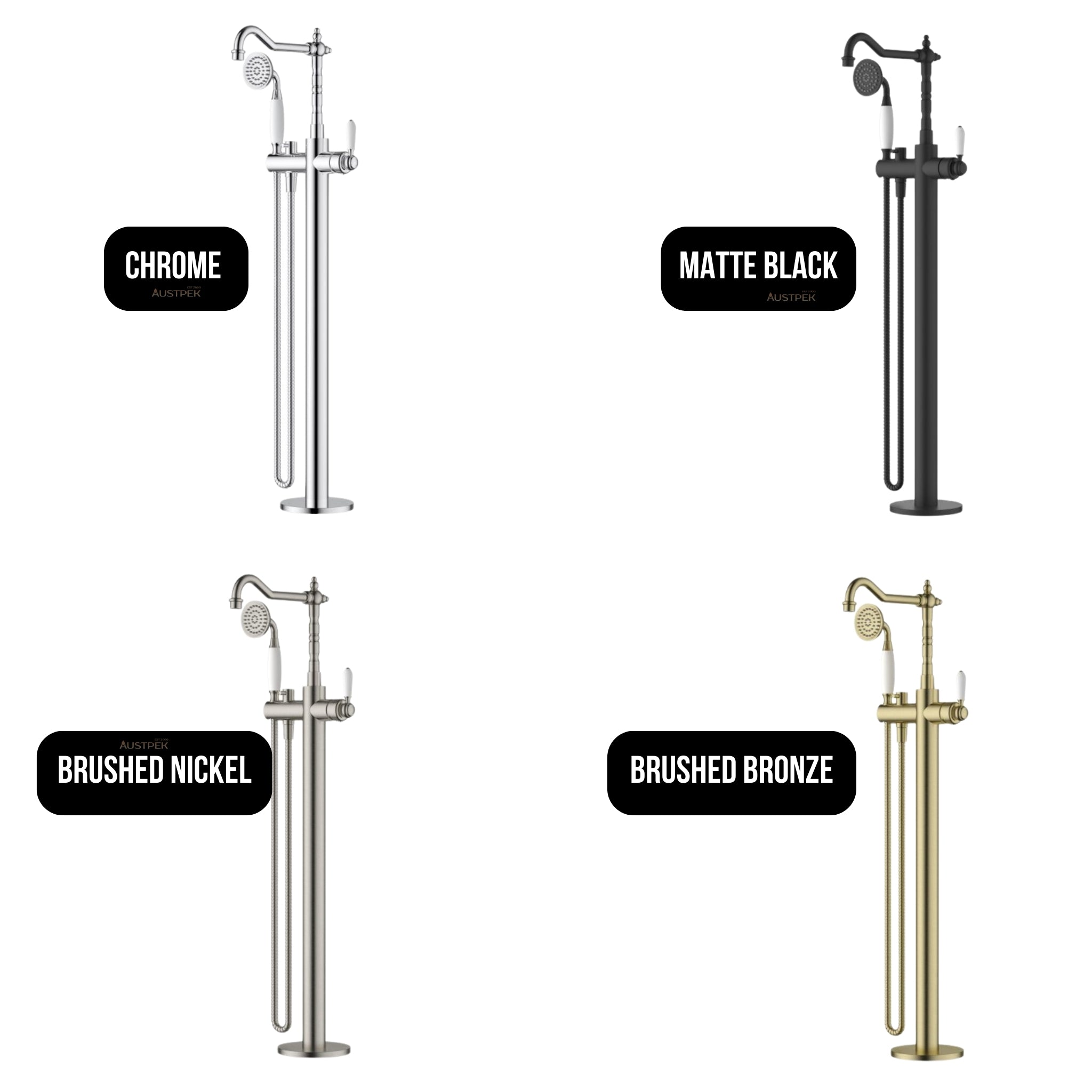 MODERN NATIONAL BORDEAUX FREESTANDING BATH MIXER WITH HAND SHOWER 945MM BRUSHED NICKEL