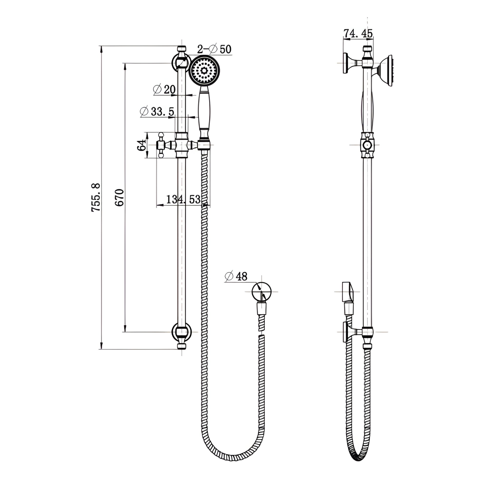 MODERN NATIONAL BORDEAUX SHOWER ON RAIL 755MM CHROME