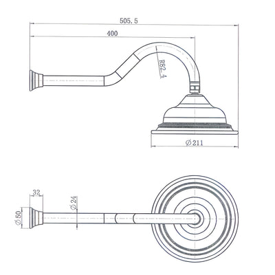 MODERN NATIONAL BORDEAUX SHOWER ARM WITH HEAD 505MM BRUSHED NICKEL