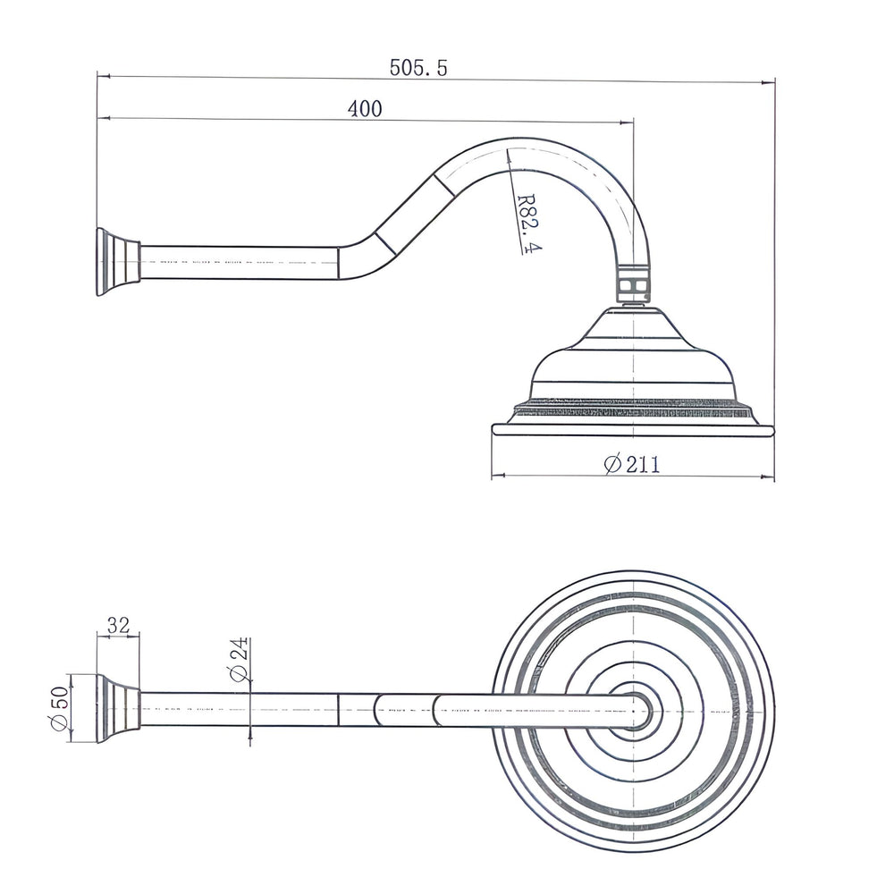 MODERN NATIONAL BORDEAUX SHOWER ARM WITH HEAD 505MM CHROME