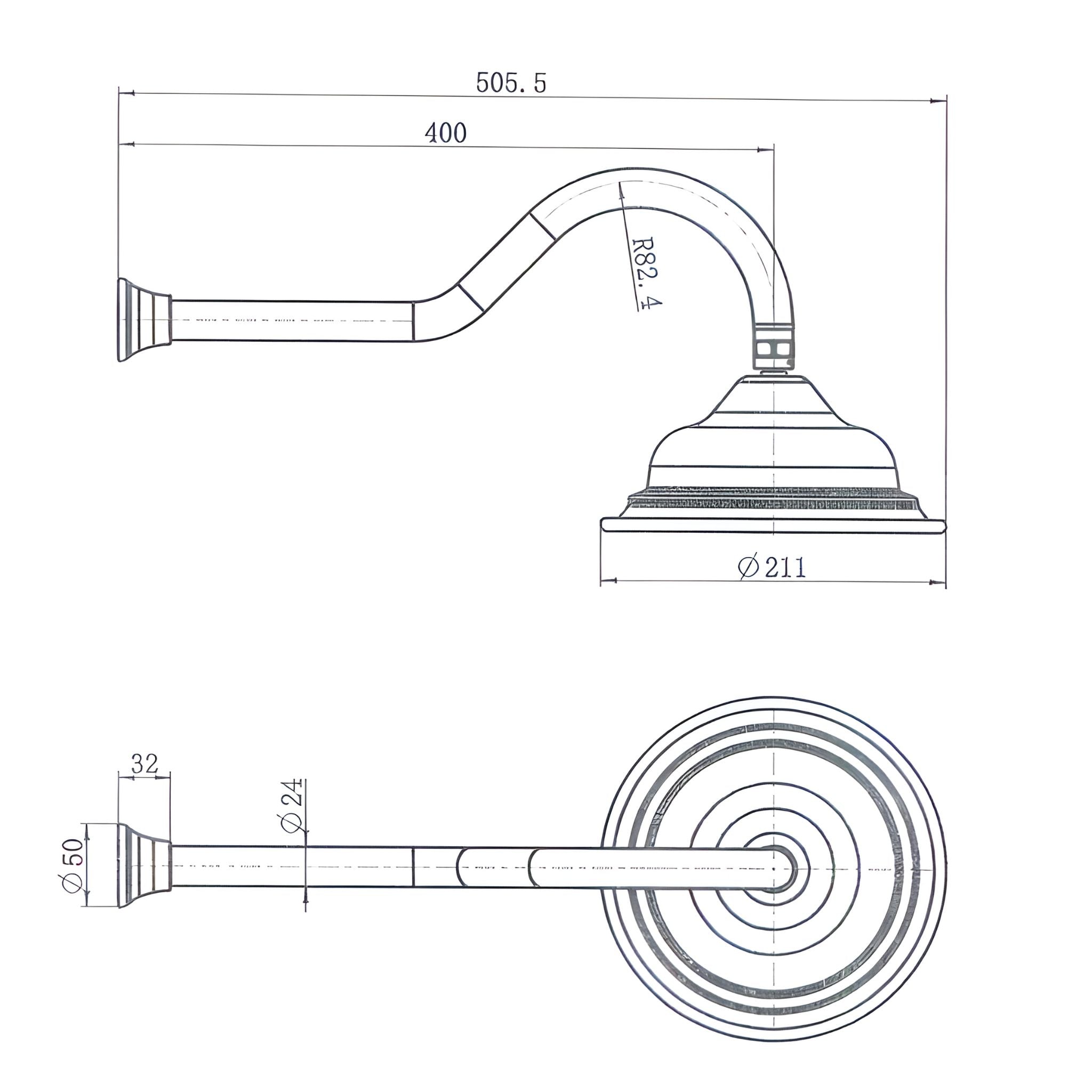 MODERN NATIONAL BORDEAUX SHOWER ARM WITH HEAD 505MM CHROME