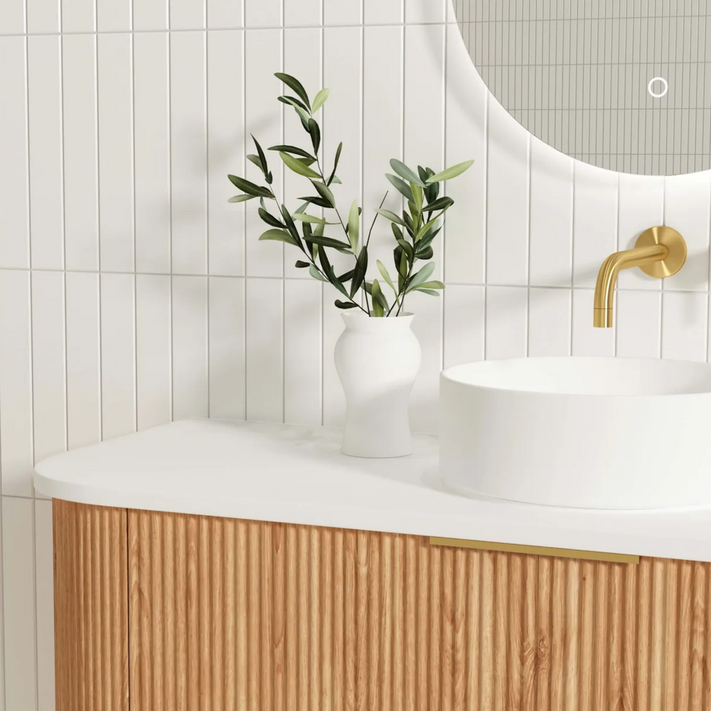OTTI BONDI WOODLAND OAK FLUTED 1200MM CURVE SINGLE BOWL WALL HUNG VANITY