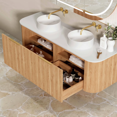 OTTI BONDI WOODLAND OAK FLUTED 1500MM CURVE DOUBLE BOWL WALL HUNG VANITY