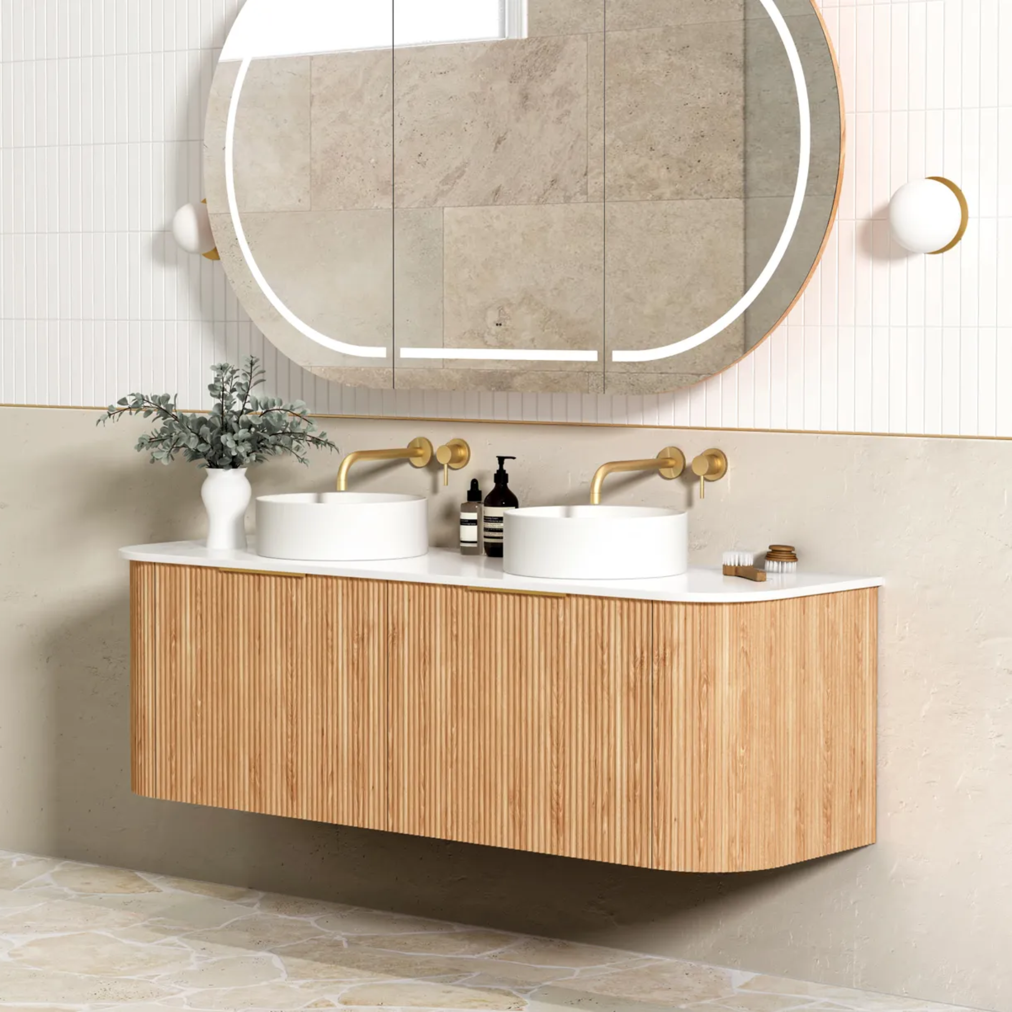 OTTI BONDI WOODLAND OAK FLUTED 1500MM CURVE DOUBLE BOWL WALL HUNG VANITY