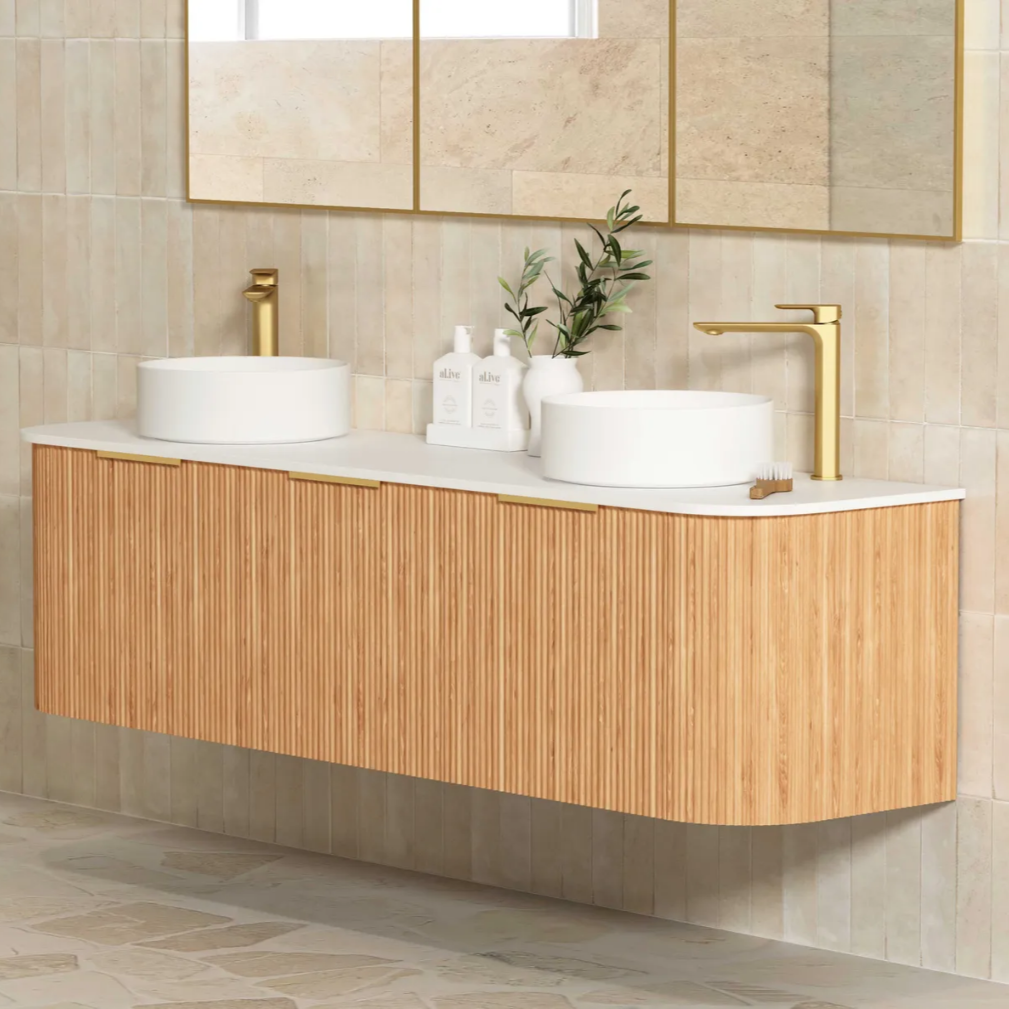 OTTI BONDI WOODLAND OAK FLUTED 1800MM CURVE DOUBLE BOWL WALL HUNG VANITY