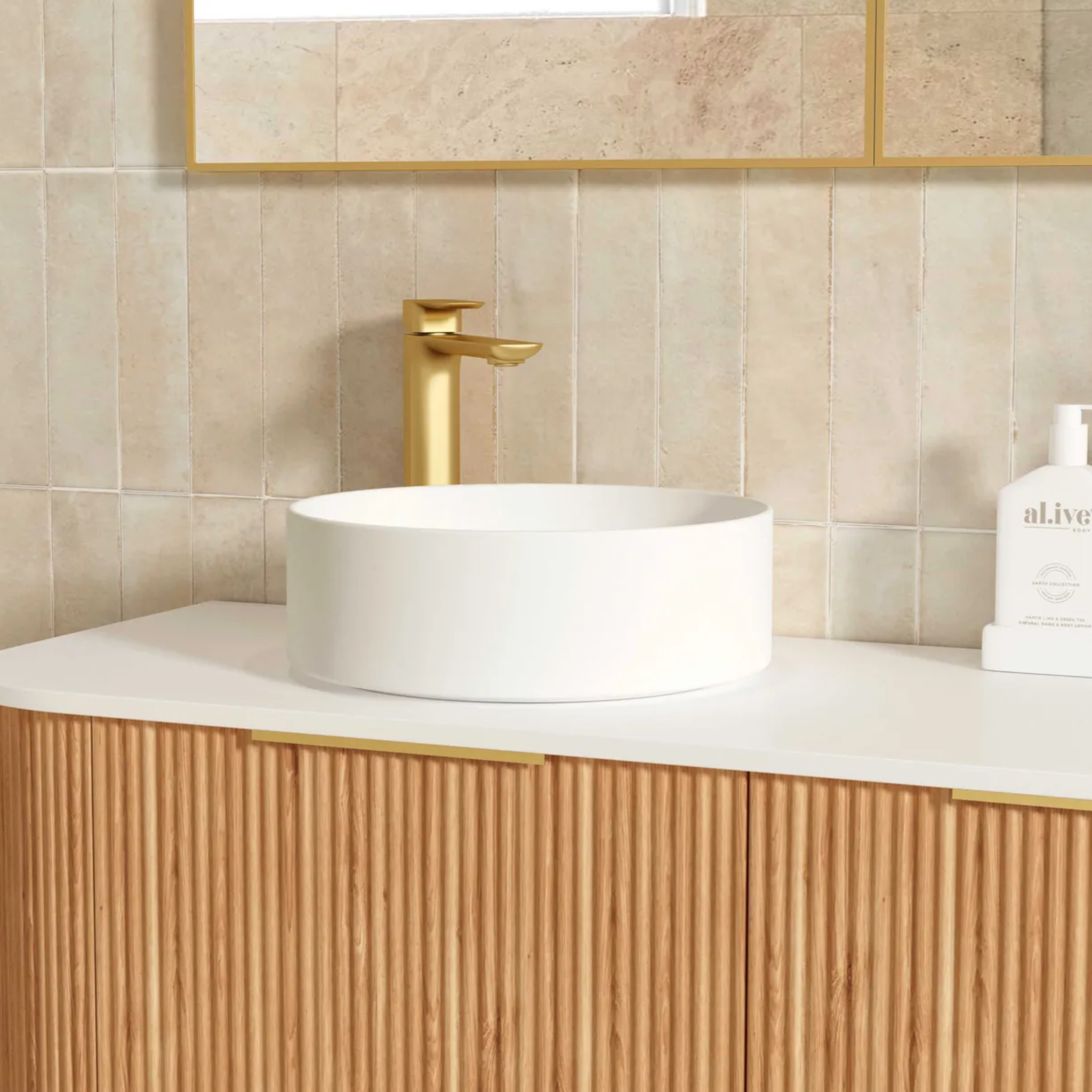 OTTI BONDI WOODLAND OAK FLUTED 1800MM CURVE DOUBLE BOWL WALL HUNG VANITY