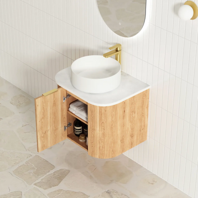 OTTI BONDI WOODLAND OAK FLUTED 600MM CURVE SINGLE BOWL WALL HUNG VANITY