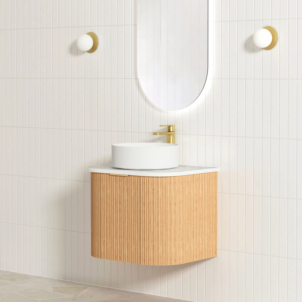 OTTI BONDI WOODLAND OAK FLUTED 600MM CURVE SINGLE BOWL WALL HUNG VANITY