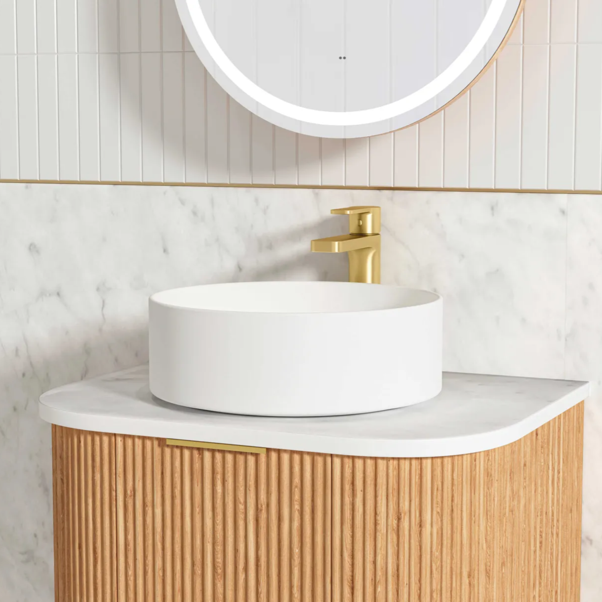 OTTI BONDI WOODLAND OAK FLUTED 600MM CURVE SINGLE BOWL WALL HUNG VANITY