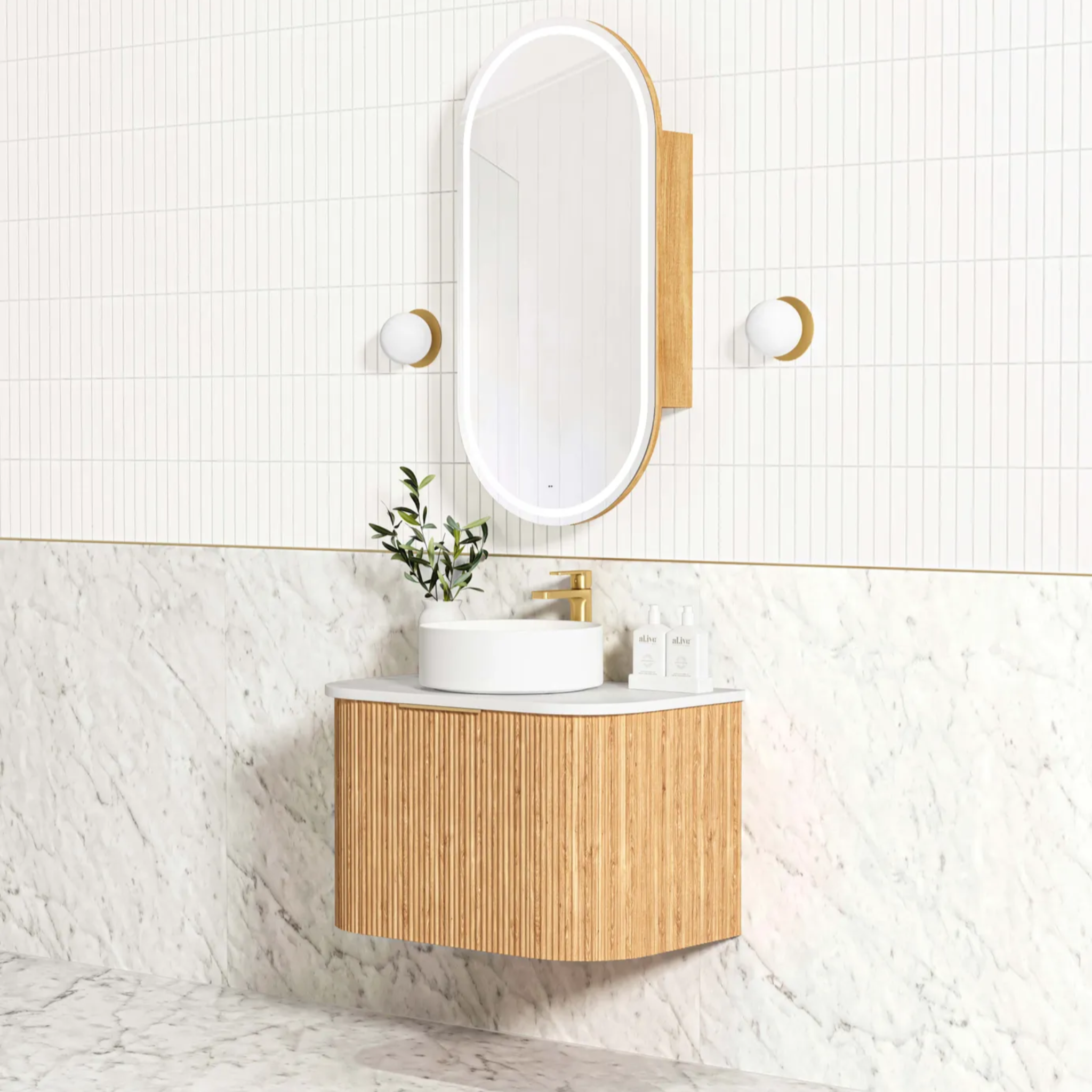 OTTI BONDI WOODLAND OAK FLUTED 750MM CURVE SINGLE BOWL WALL HUNG VANITY