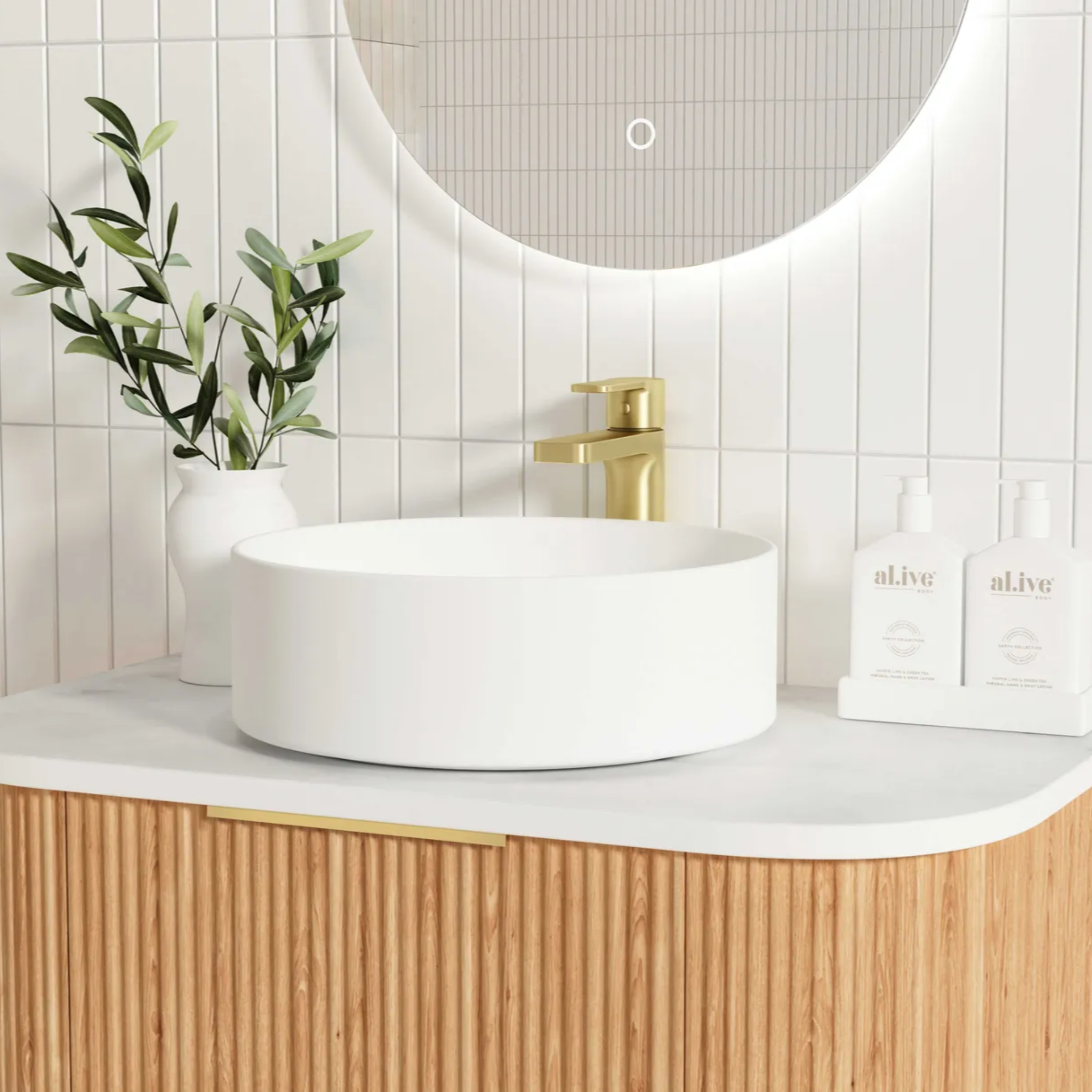 OTTI BONDI WOODLAND OAK FLUTED 750MM CURVE SINGLE BOWL WALL HUNG VANITY