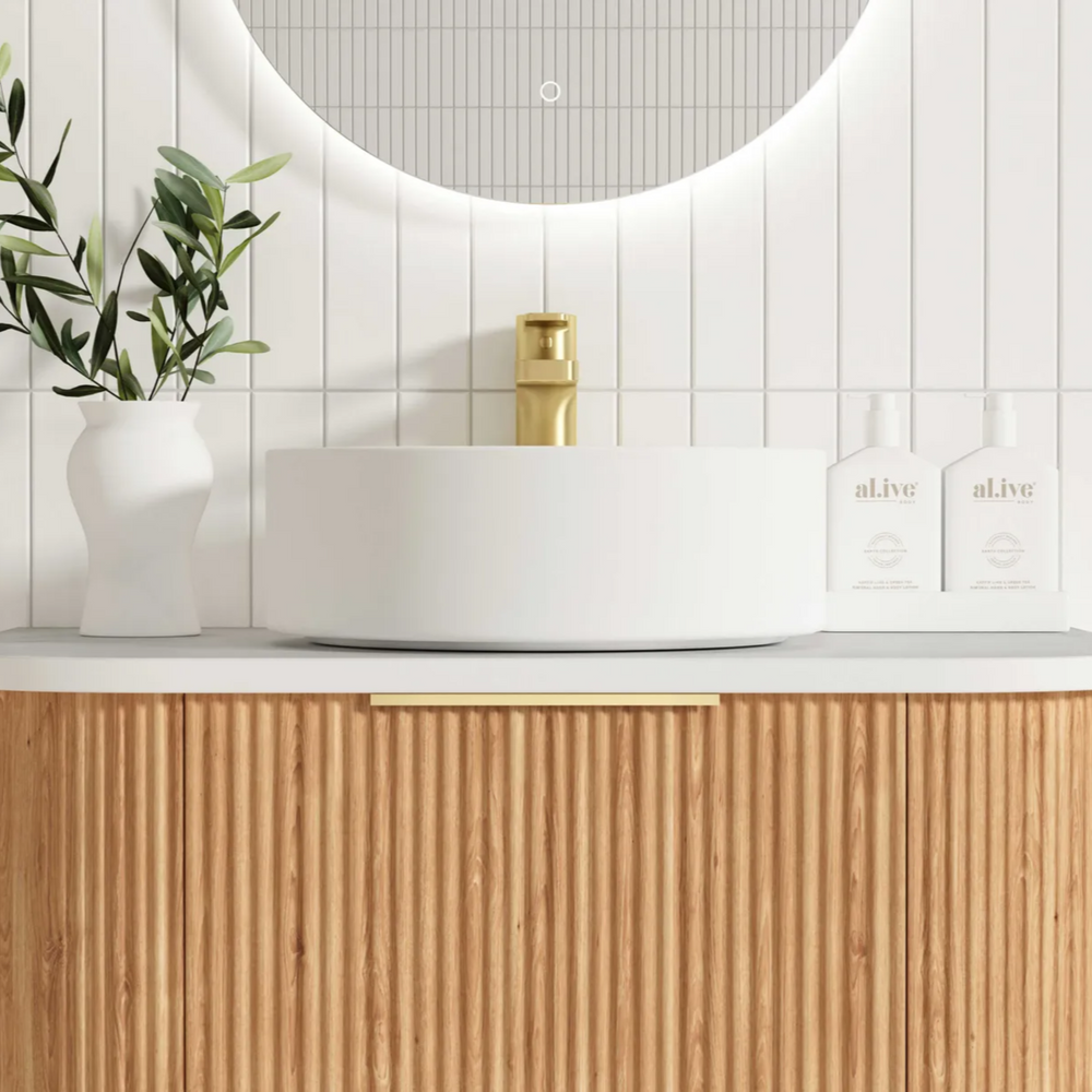 OTTI BONDI WOODLAND OAK FLUTED 750MM CURVE SINGLE BOWL WALL HUNG VANITY
