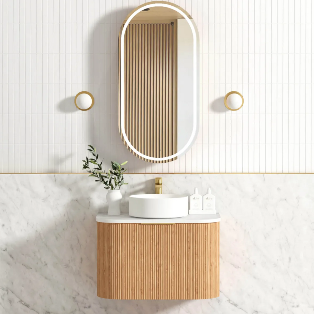 OTTI BONDI WOODLAND OAK FLUTED 750MM CURVE SINGLE BOWL WALL HUNG VANITY