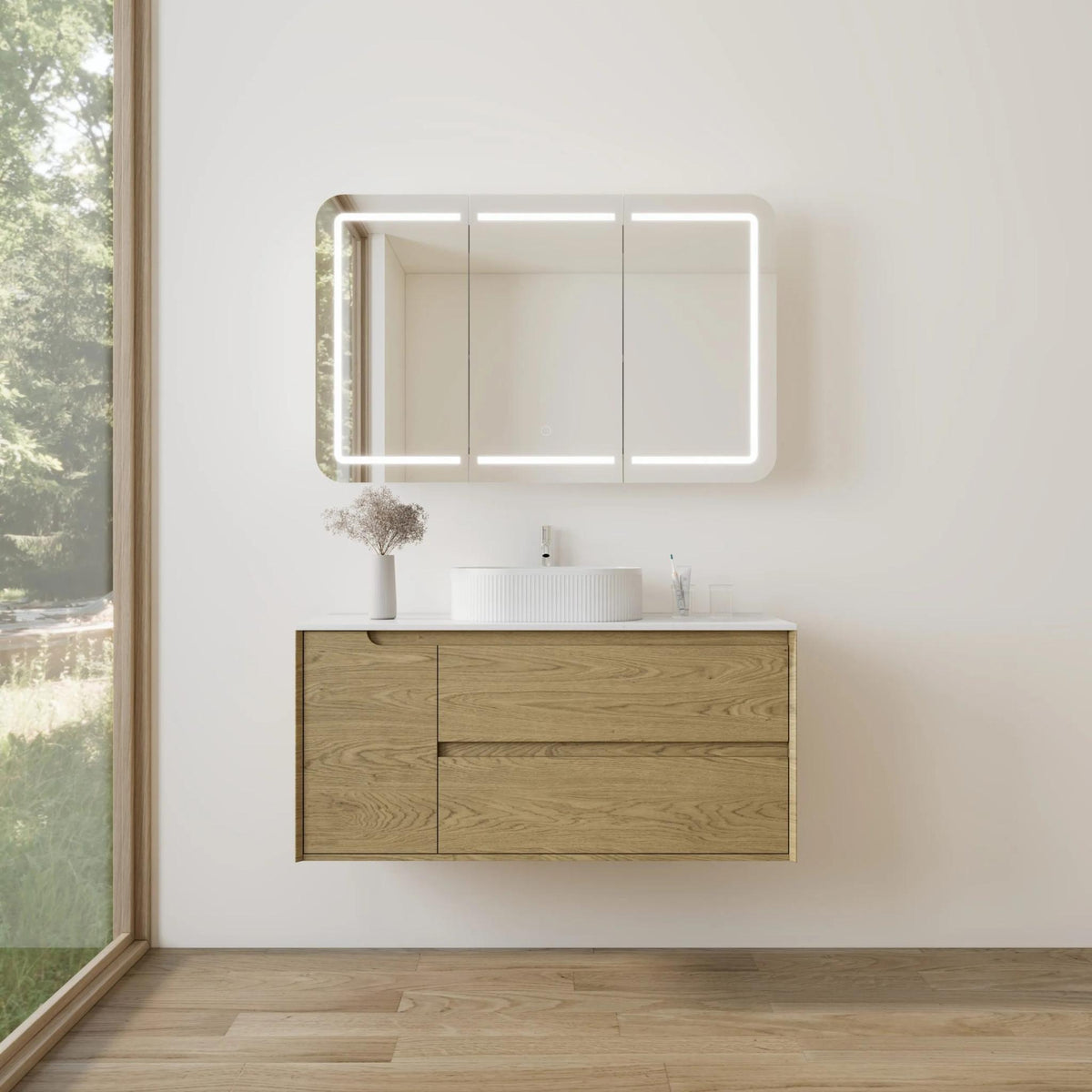 VITO BROOKLYN RED OAK 1200MM SINGLE BOWL WALL HUNG VANITY (RIGHT HAND DRAWER)