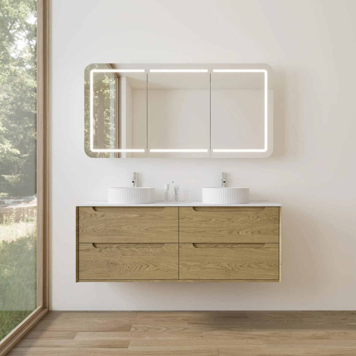 VITO BROOKLYN RED OAK 1500MM DOUBLE BOWL WALL HUNG VANITY