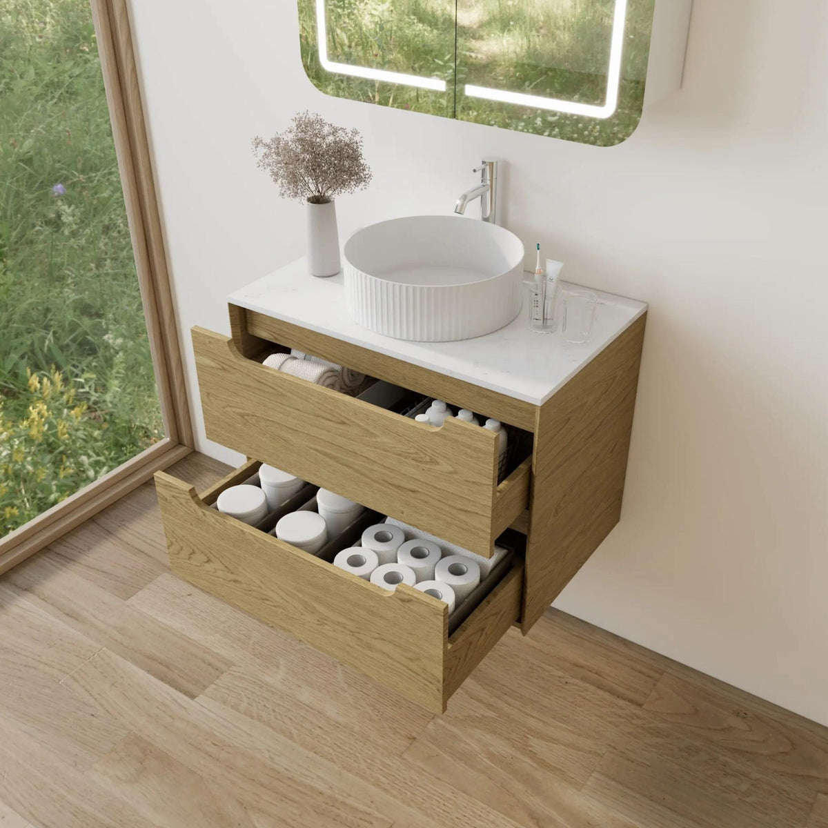 VITO BROOKLYN RED OAK 750MM SINGLE BOWL WALL HUNG VANITY