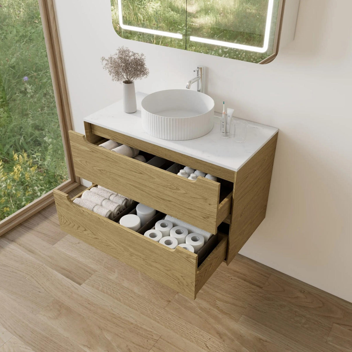 VITO BROOKLYN RED OAK 900MM SINGLE BOWL WALL HUNG VANITY