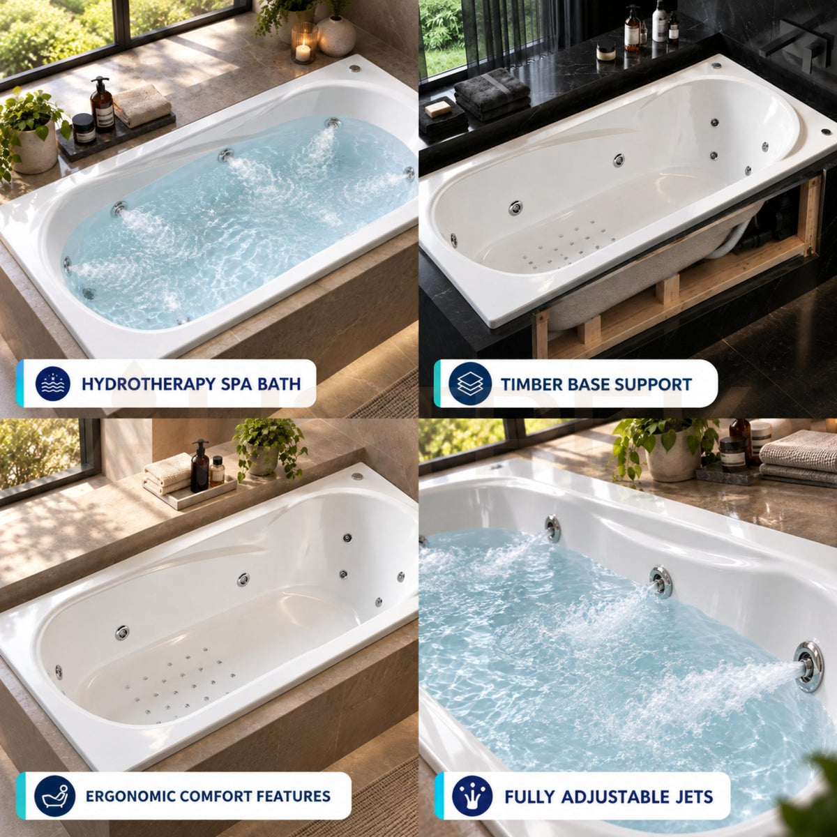 BROADWAY ALLURA SPA BATH GLOSS WHITE 1800MM WITH DIFFERENT JET CONFIGURATIONS